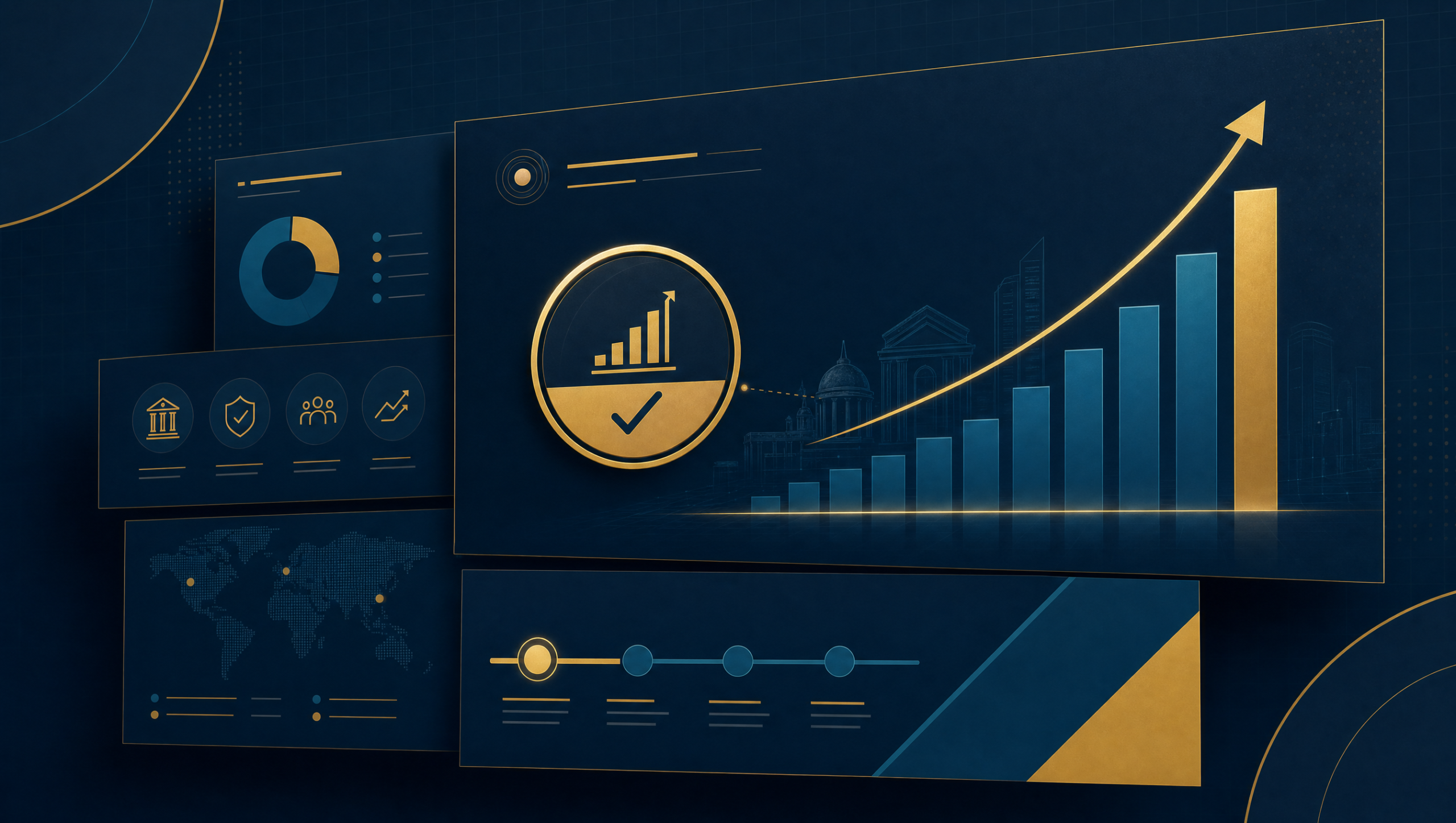 Enterprise fintech pitch deck slides with strong visual hierarchy