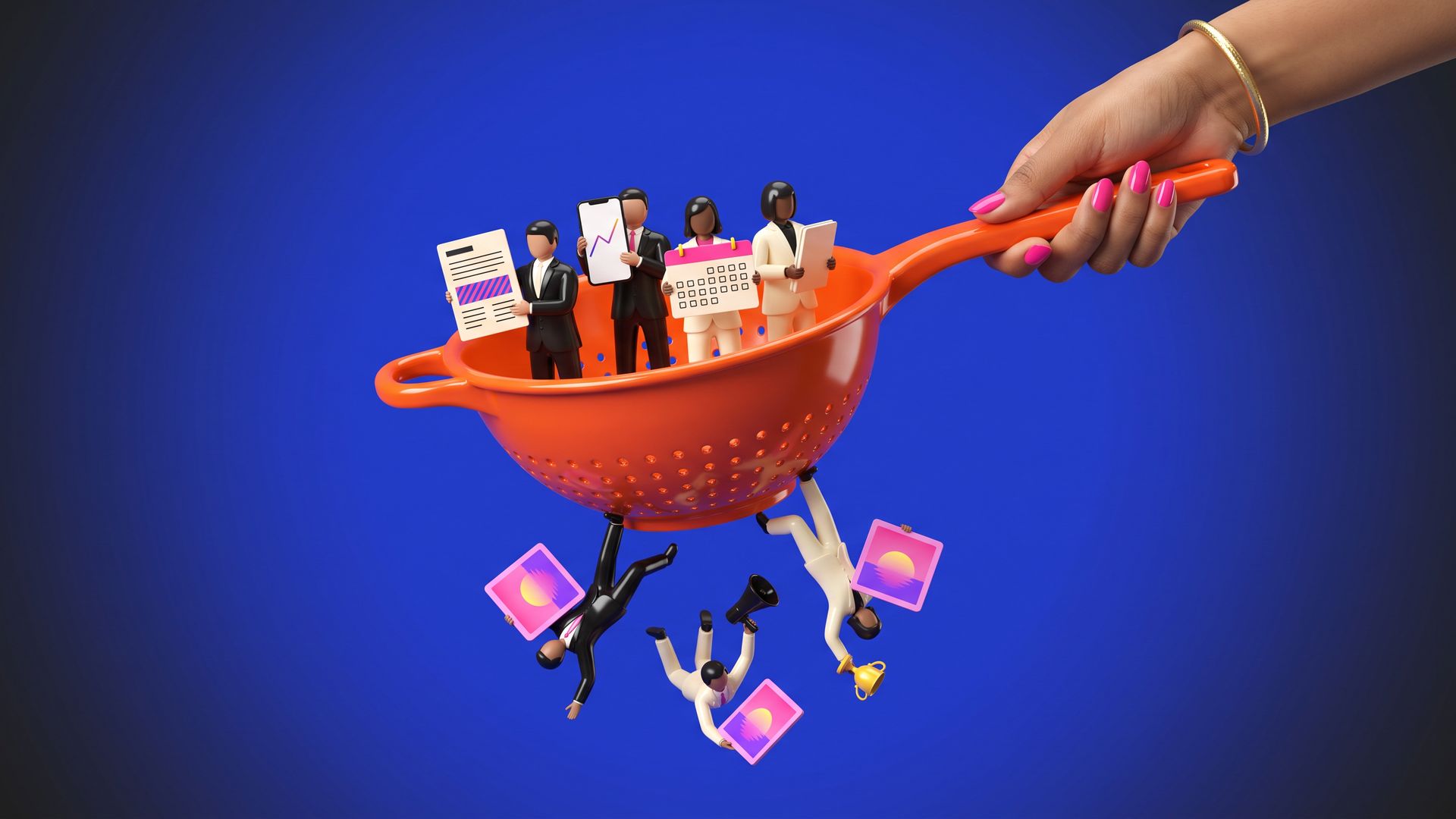 3D render: a hand holds an orange colander of tiny agency figurines with factsheets and calendars while others clutching sunset slides fall through the holes.