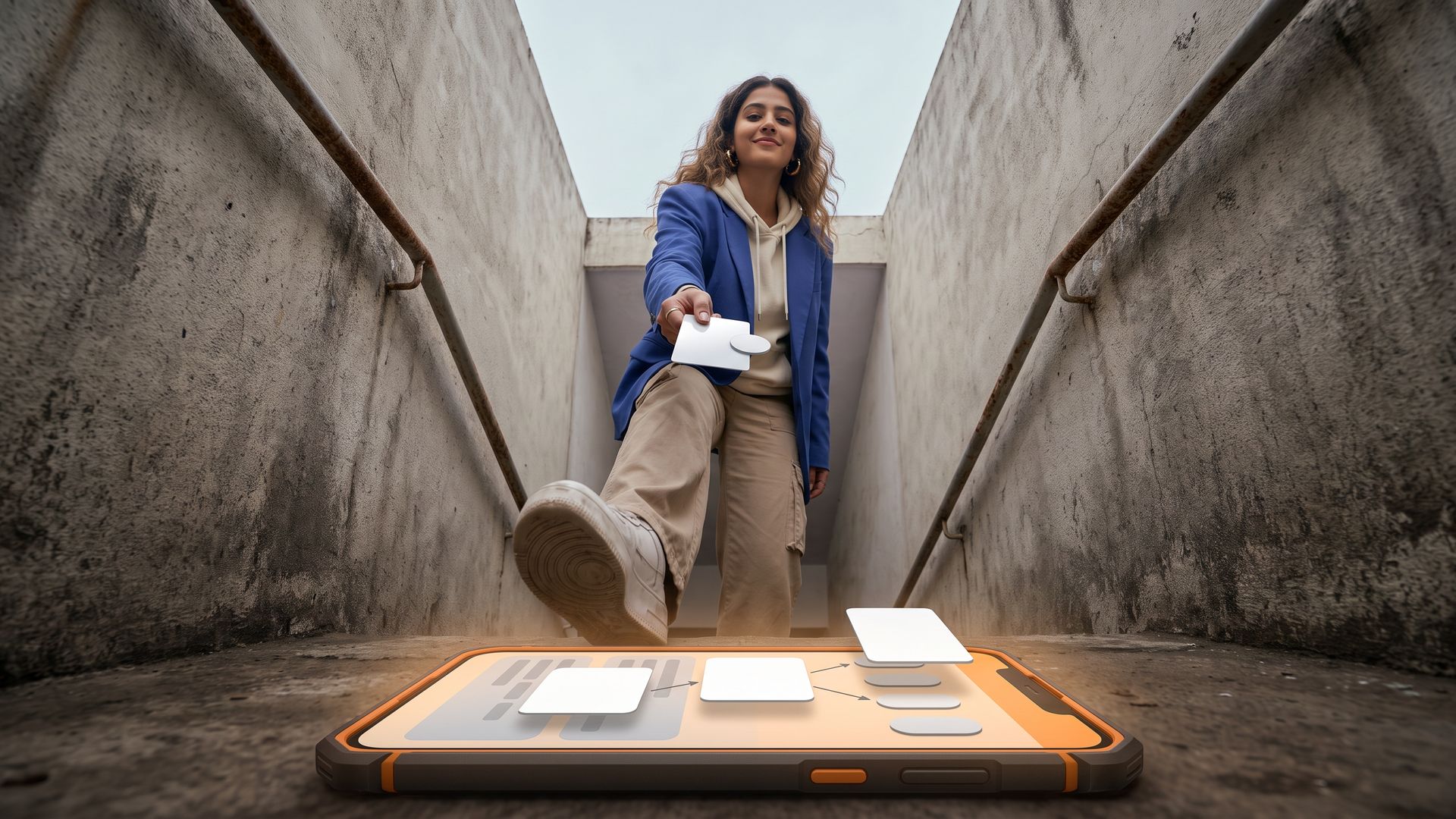 A young Indian bank marketer in a concrete stairwell, seen from a low angle, holds an answer card toward the camera above a giant orange phone showing AI answer cards.