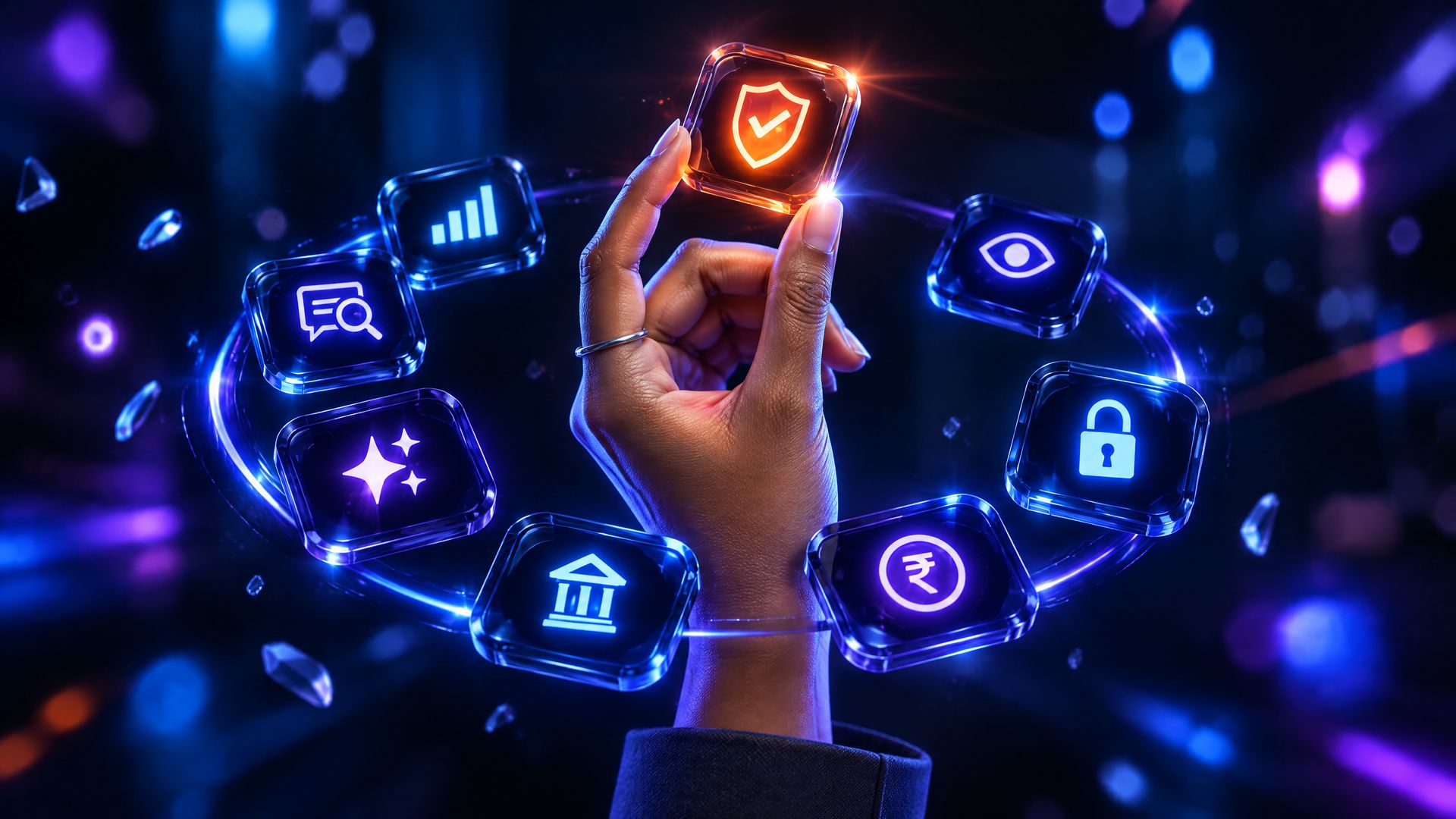 3D render of a hand rising through a ring of glowing glass tiles with AI, chart, bank and search symbols, pinching out an orange-lit shield tile.