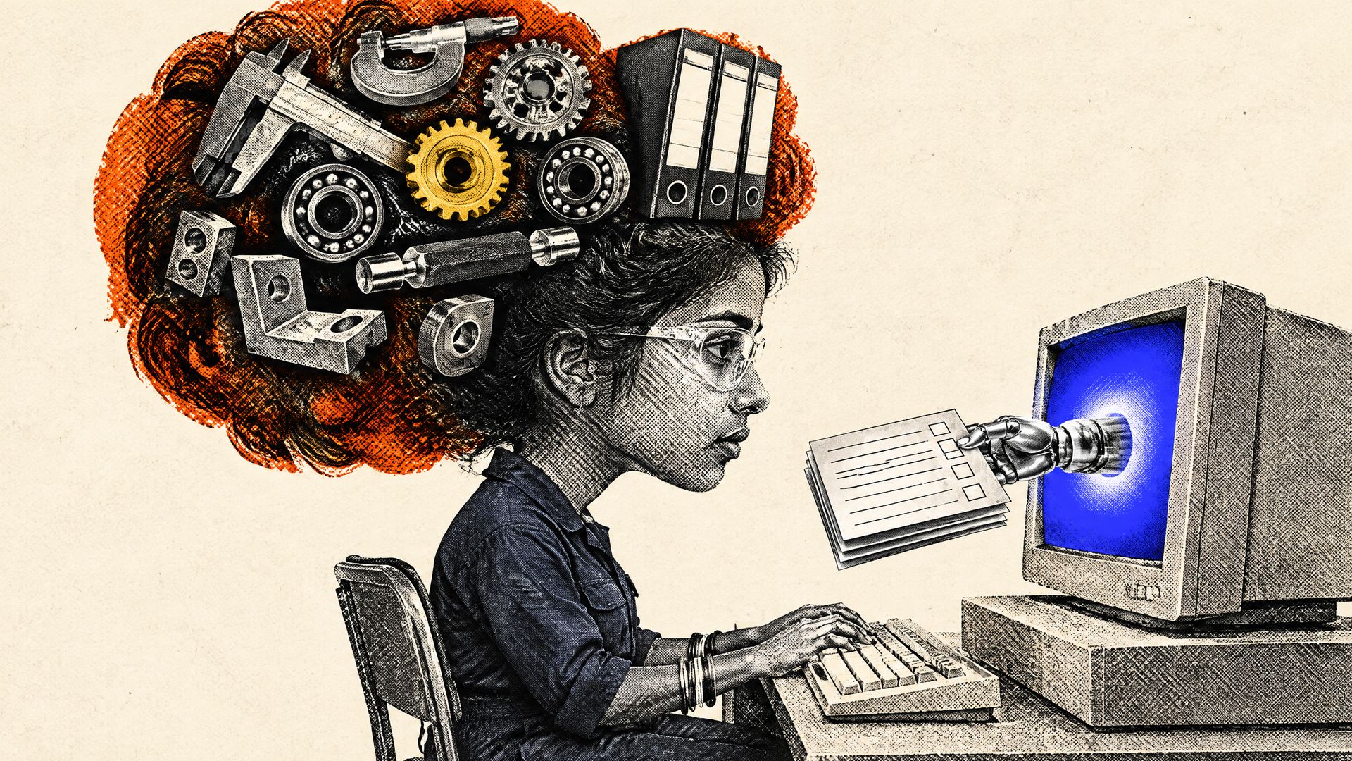 Halftone collage of an Indian quality engineer whose orange hair holds calipers, gears and binders while a robot hand passes her forms