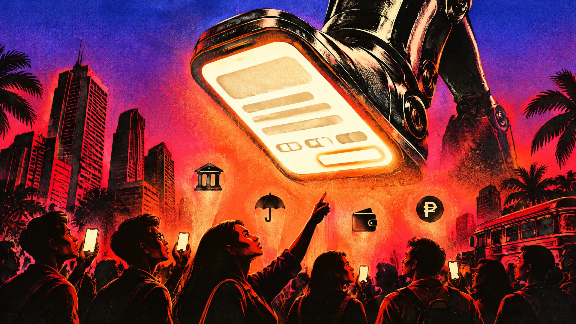 A giant chrome robot boot with a glowing phone for a sole looms over a Manila crowd of marketers staring up at a single AI answer card.