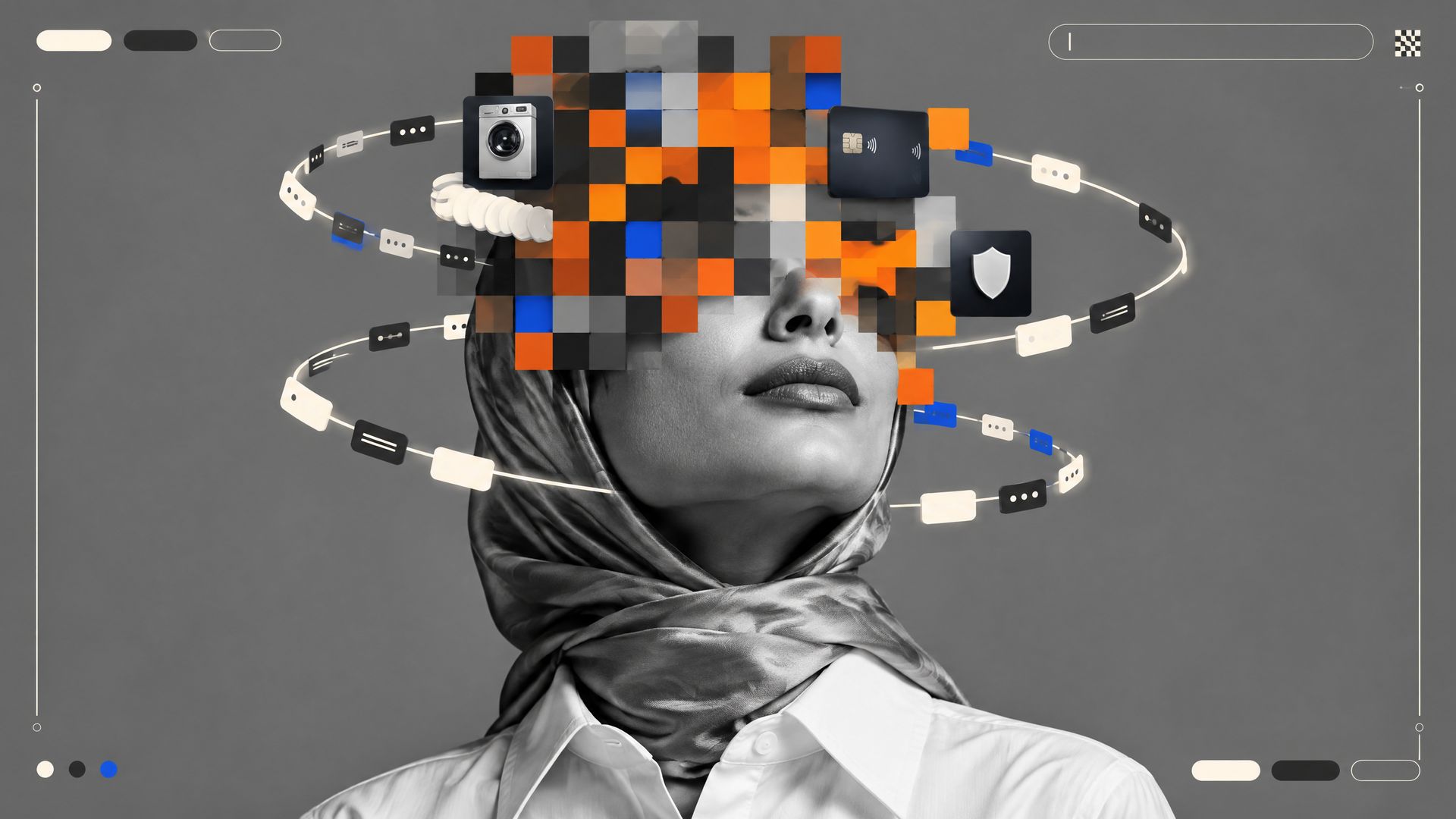 Monochrome portrait of an Egyptian woman whose upper head dissolves into orange pixel blocks, circled by rings of blank AI answer cards.