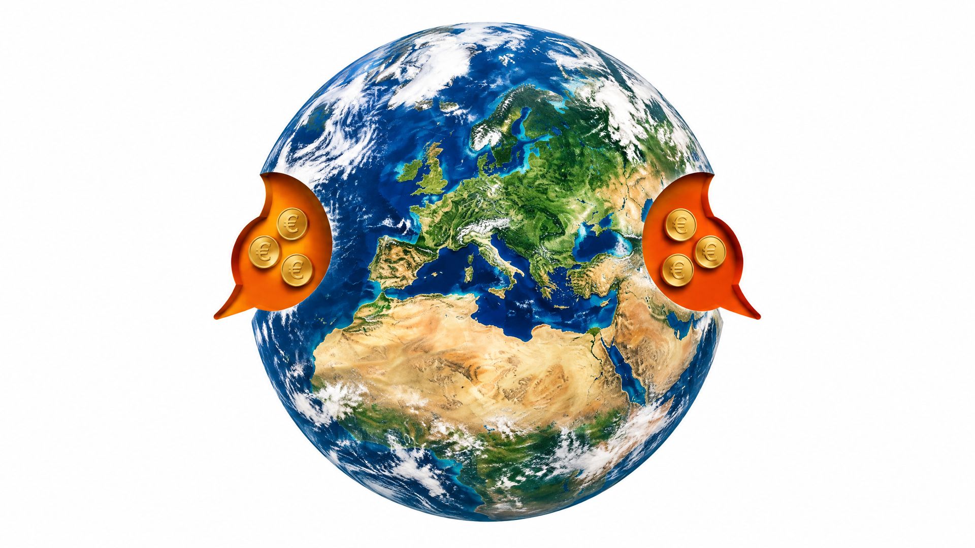 Poster art of a round satellite-map Earth centred on Europe, with two chat-bubble-shaped bites showing orange cores and gold euro coins inside.