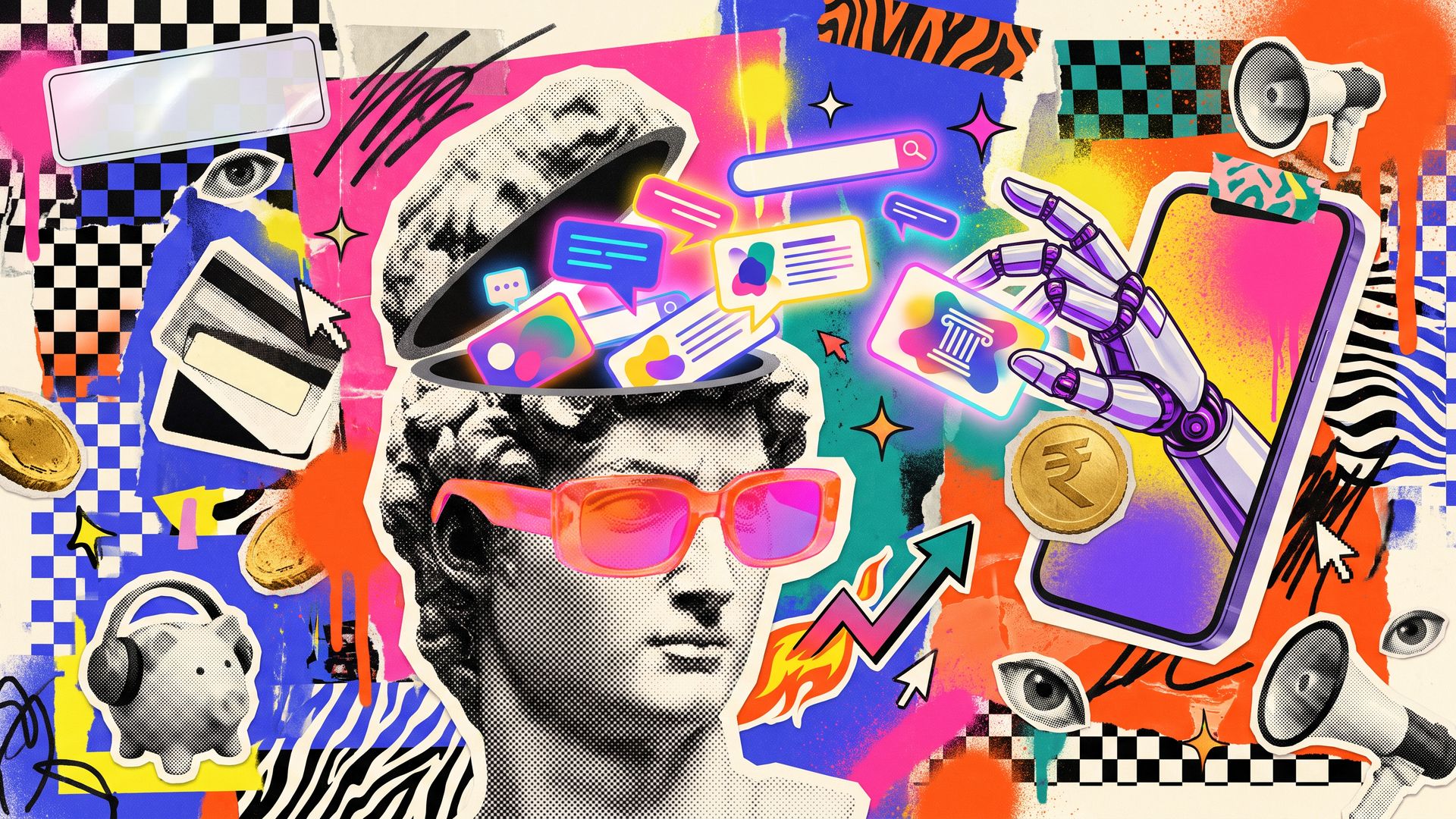 Zine collage illustration: a halftone classical bust in neon sunglasses pours glowing chat bubbles and answer cards from its open head, while a robot hand reaching out of a smartphone picks one card with a bank-column icon, among rupee coins, blank payment cards and a piggy bank.
