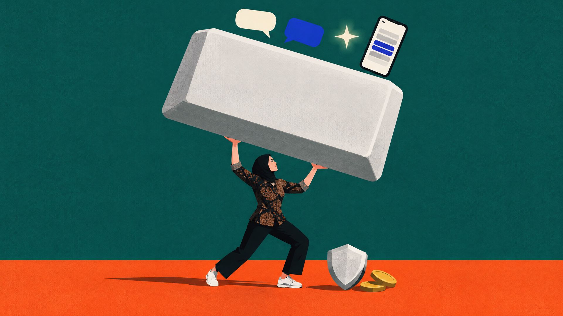 Flat editorial illustration: a small Indonesian marketer in hijab and batik holds up a giant blank keyboard key with two speech bubbles and an AI sparkle on teal and orange.