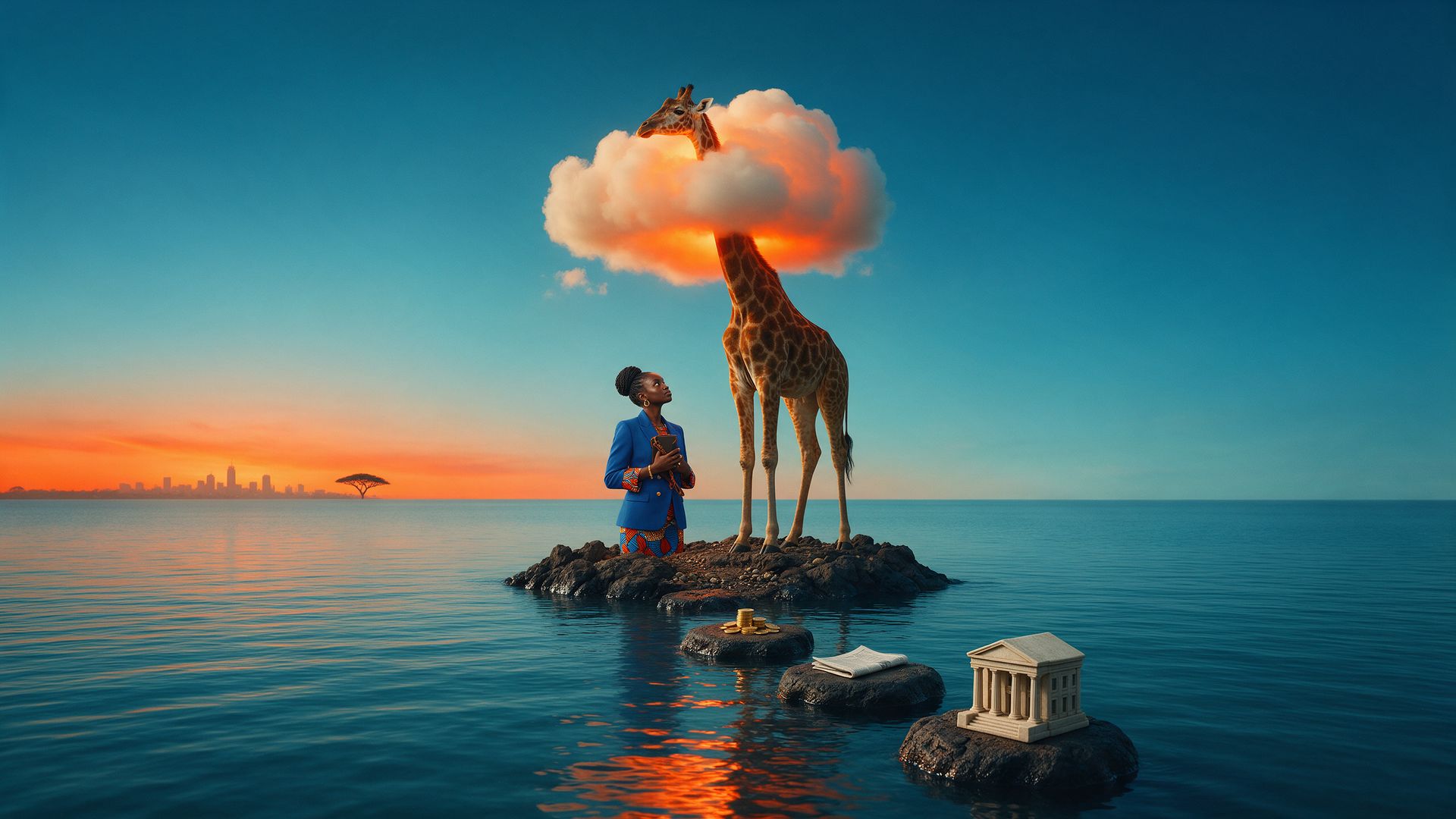 A giraffe on a rock islet in a calm sea pokes its head through an orange chat-bubble cloud, a Kenyan woman beside it, with bank, press and coin stepping stones.