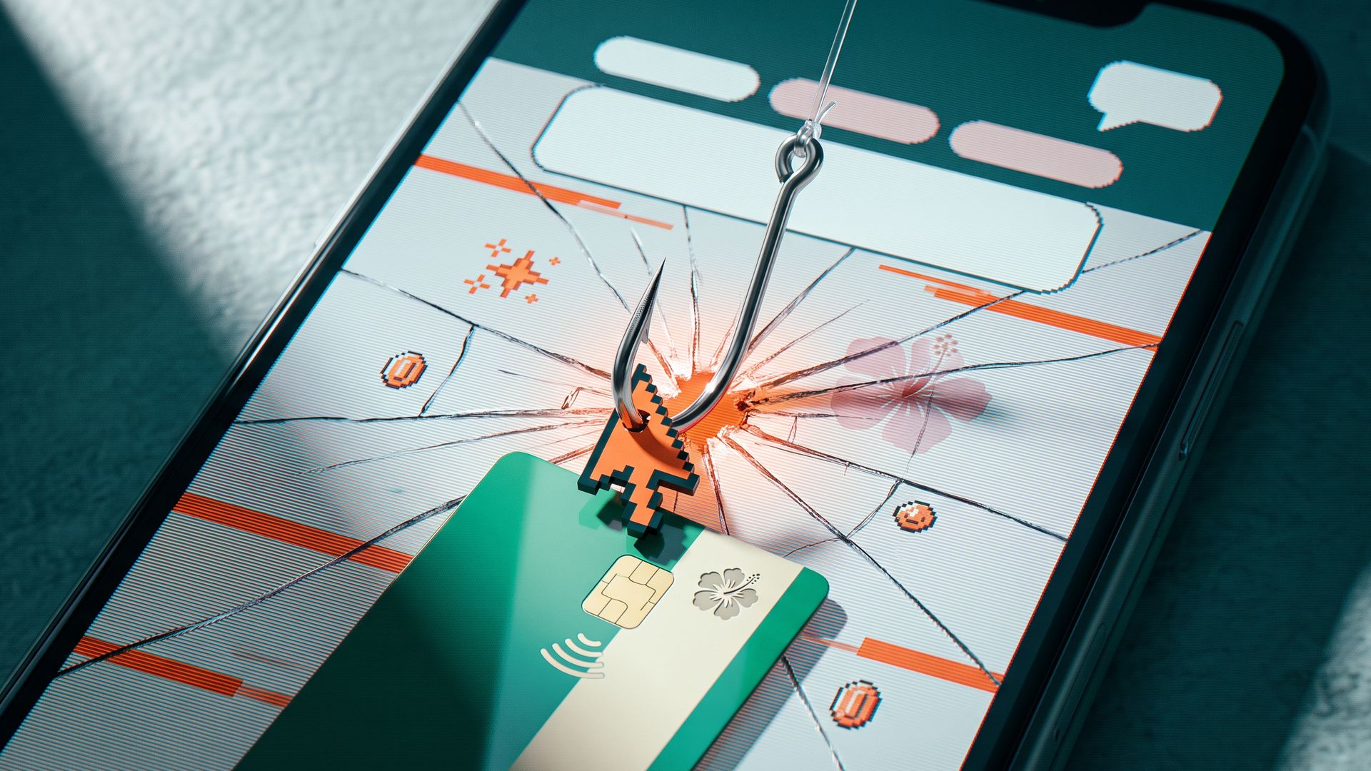 A steel fishhook pierces a cracked phone screen, catching an orange pixel cursor and lifting a green bank card into an empty AI chat answer panel.