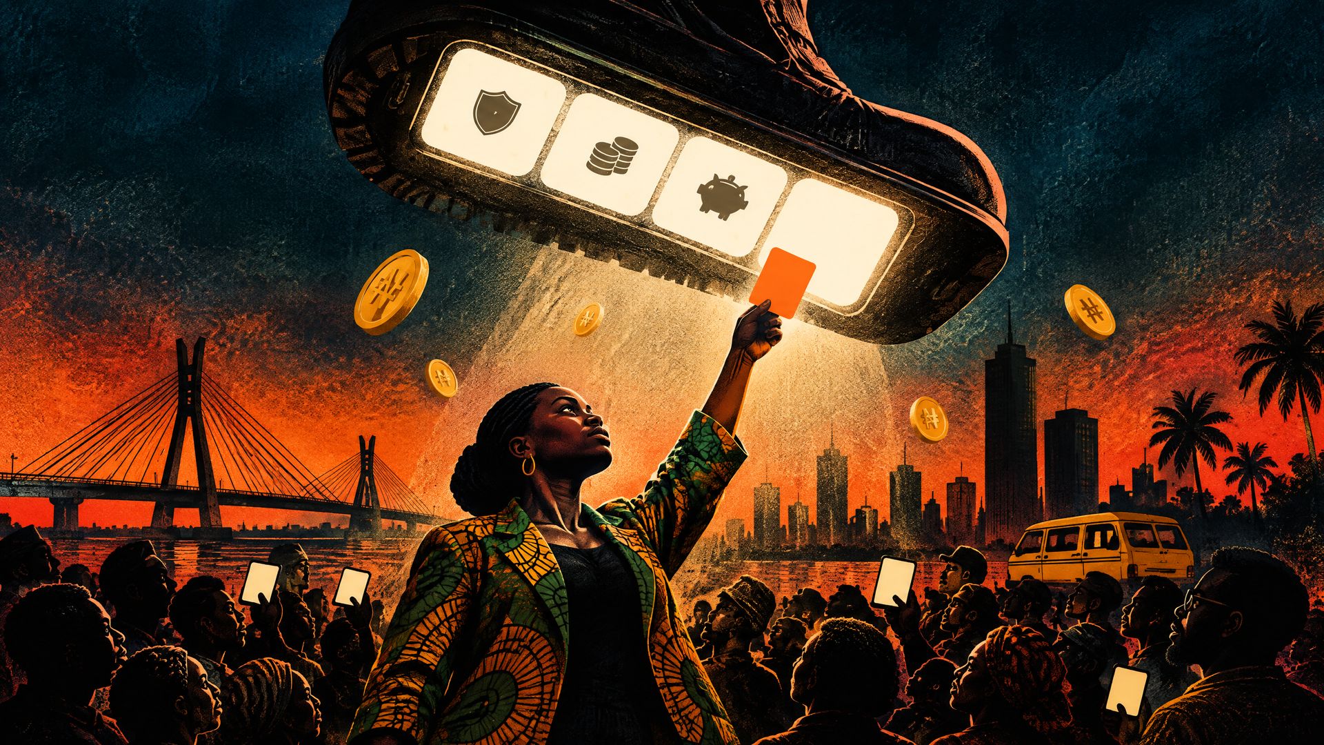 Grainy illustration: a giant boot with a glowing phone sole hovers over a silhouetted Lagos crowd as a Nigerian woman lifts an orange tile toward it.