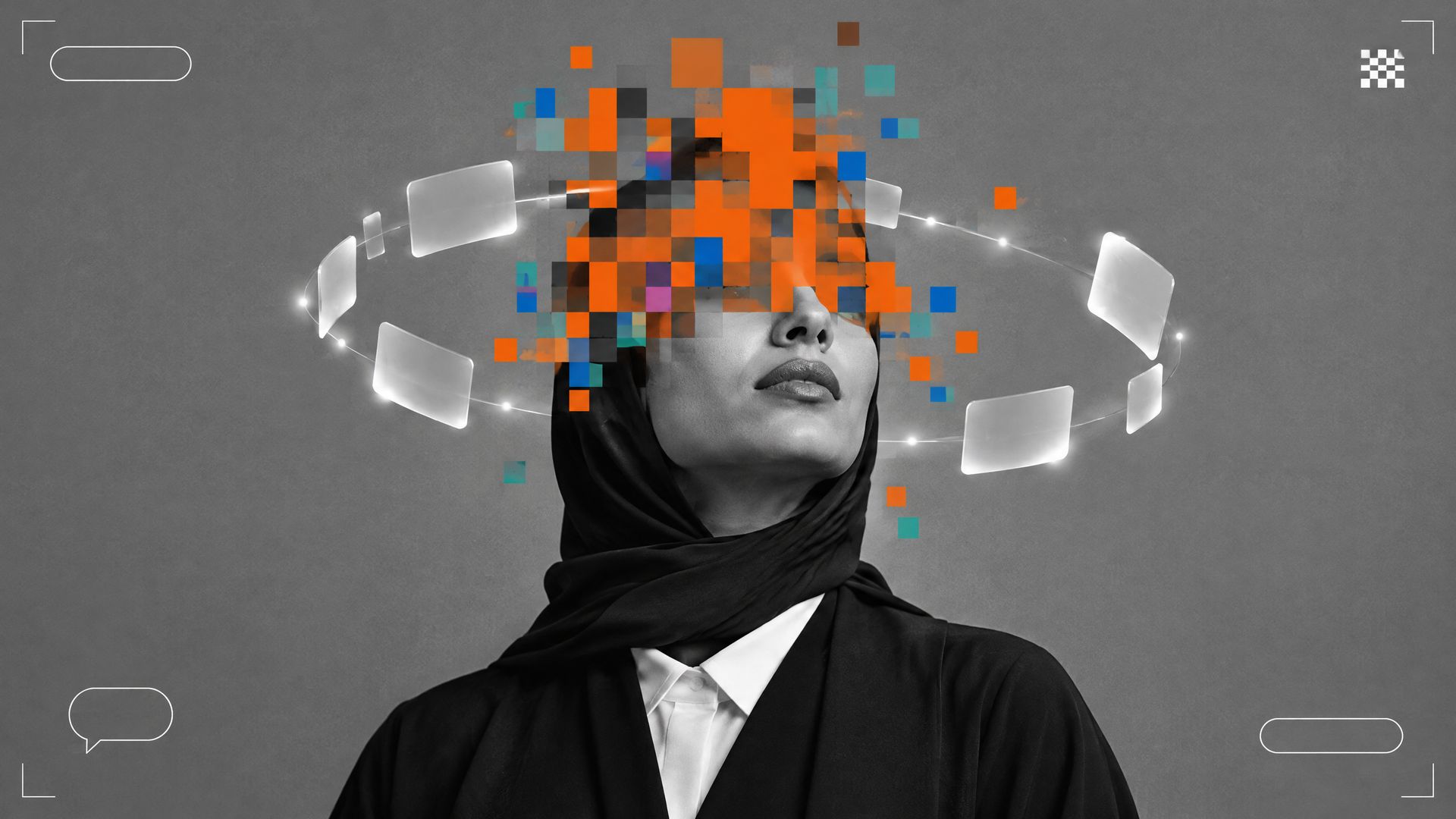 Black-and-white portrait of a Qatari woman marketer whose head dissolves into orange pixel blocks, circled by blank glass answer cards on grey.