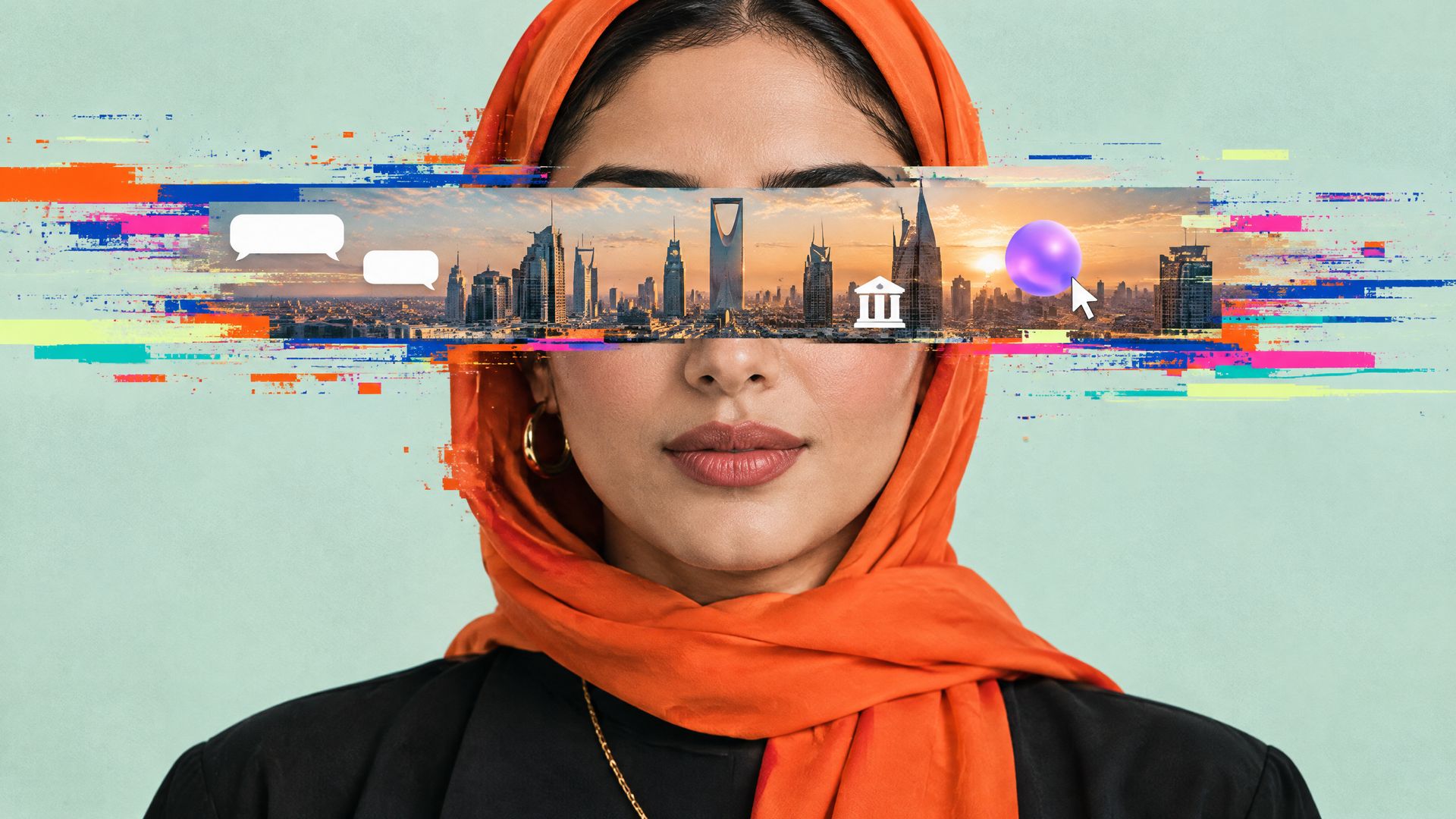 A Saudi woman in an orange hijab whose eyes are covered by a glitch strip of the Riyadh skyline with blank chat bubbles and a bank icon.