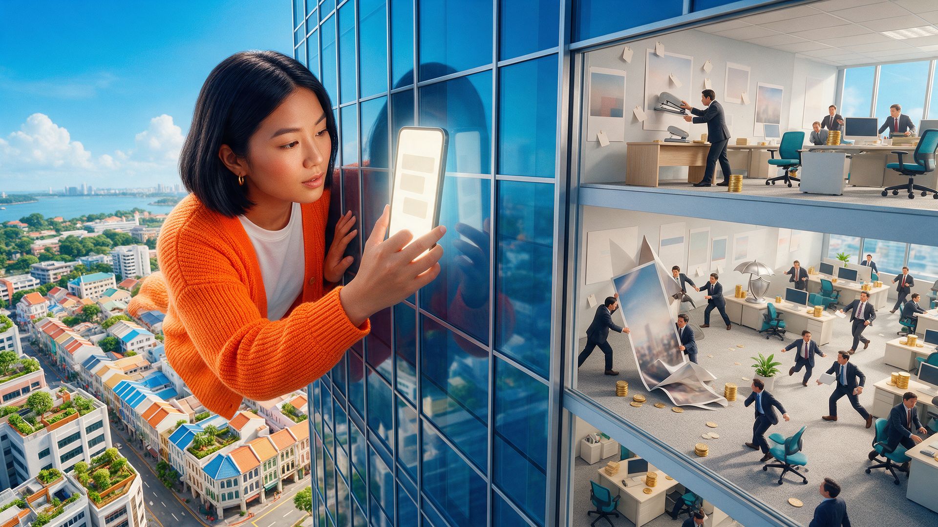 A giant young Singaporean woman in an orange cardigan clings to a glass tower, holding her phone to the window as tiny insurance staff scramble inside.