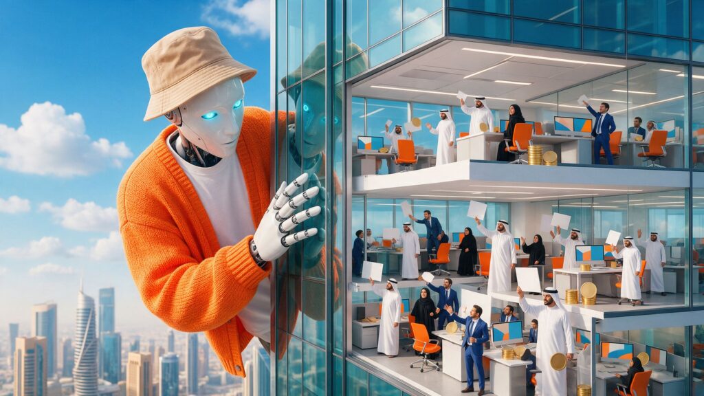 A giant AI robot in an orange cardigan peers into a Dubai bank tower where tiny Emirati bankers wave blank cards to be noticed.
