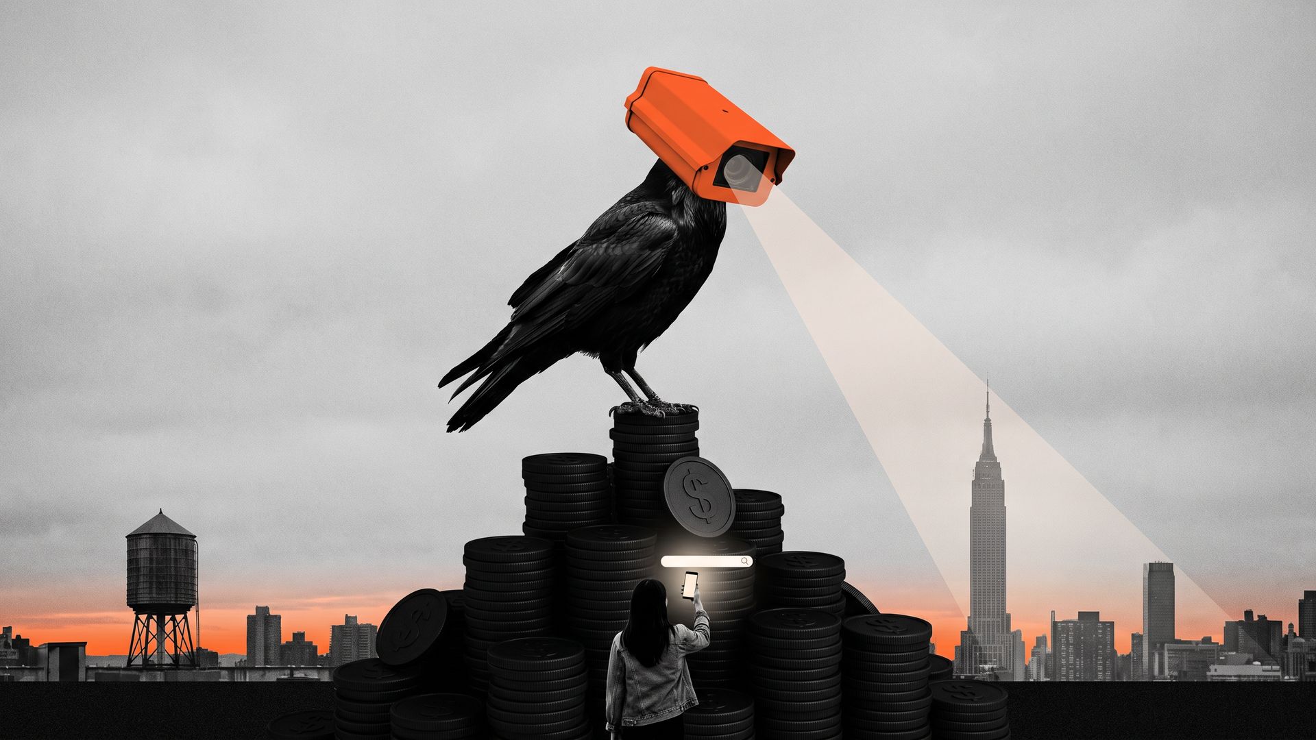 A black raven with an orange security-camera head sits on a mound of coins, its beam picking out one tower in the Manhattan skyline as a woman looks up from her phone.