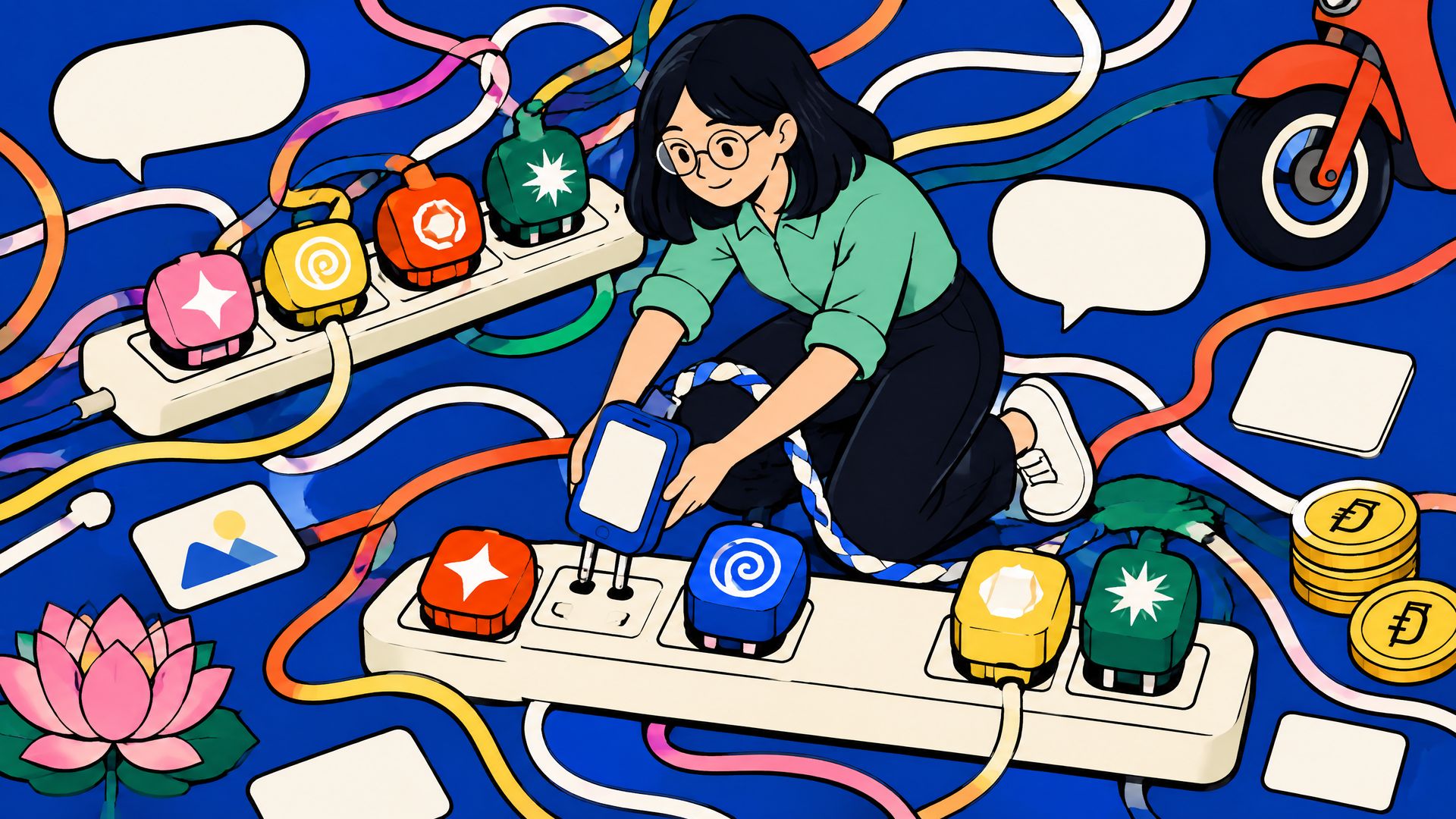 A Vietnamese marketer plugs her e-wallet into the last free socket of power strips crowded with AI-engine plugs.