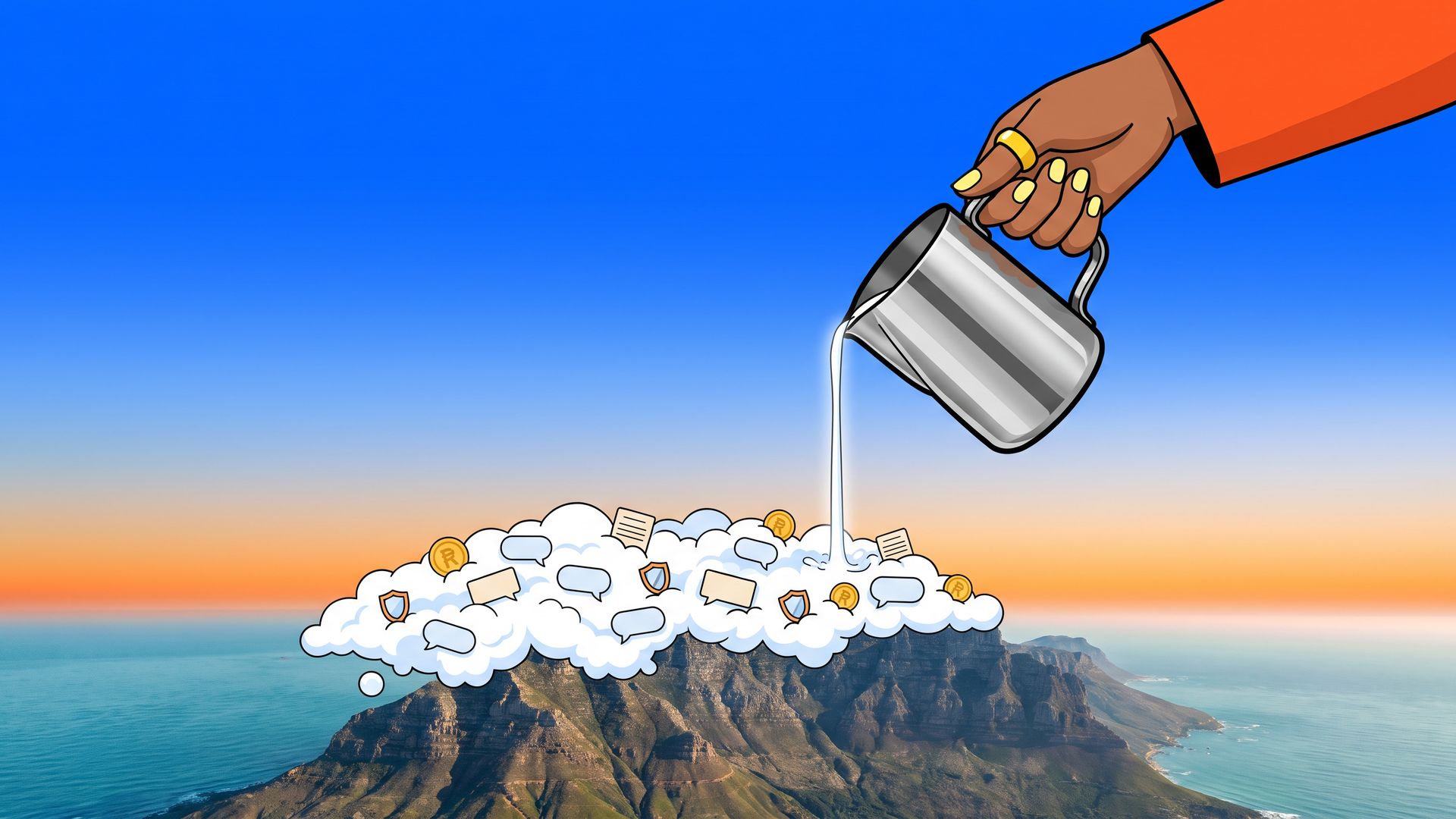A cartoon hand pours a glowing stream from a steel jug onto Table Mountain, forming a cloud of chat bubbles, answer cards and rand coins.
