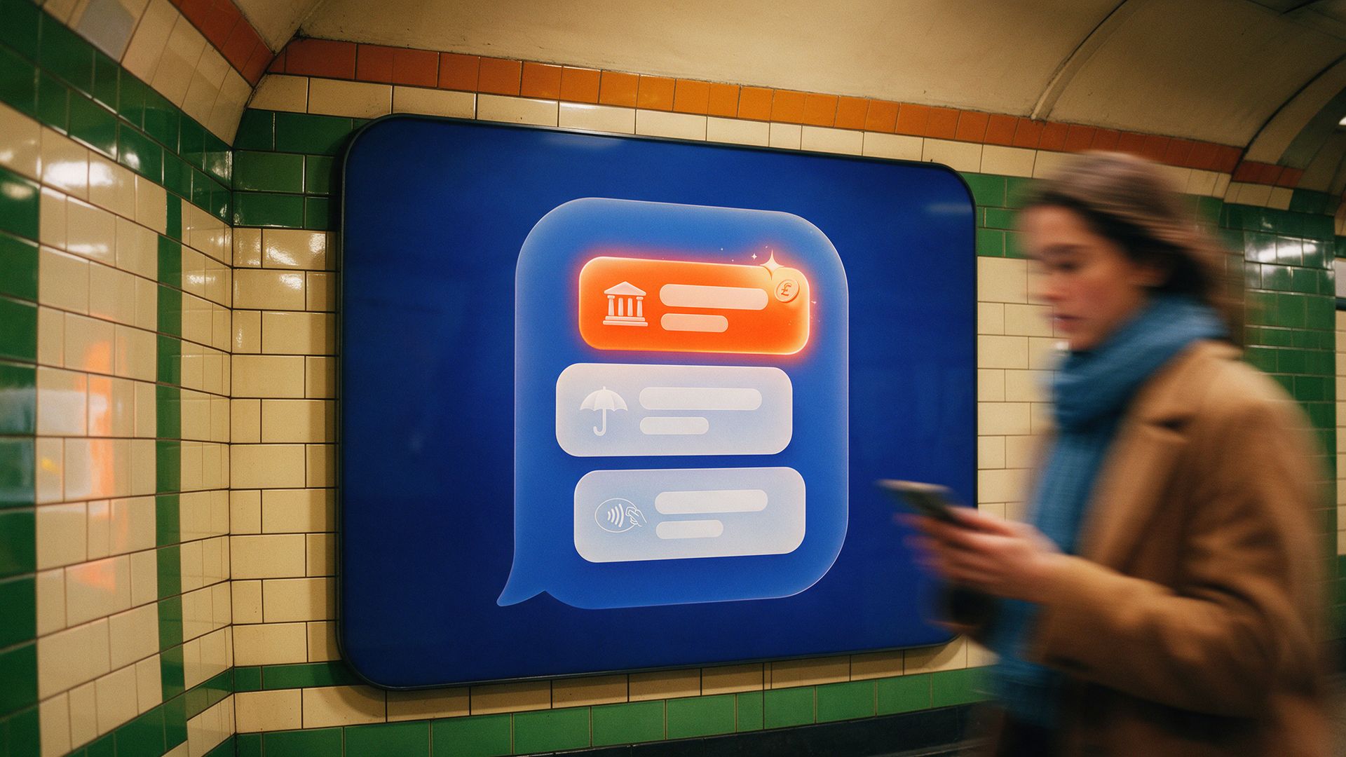 A London Tube wall poster shows an AI chat bubble shortlisting bank, insurer and fintech cards, one glowing orange, as a blurred commuter rushes past.