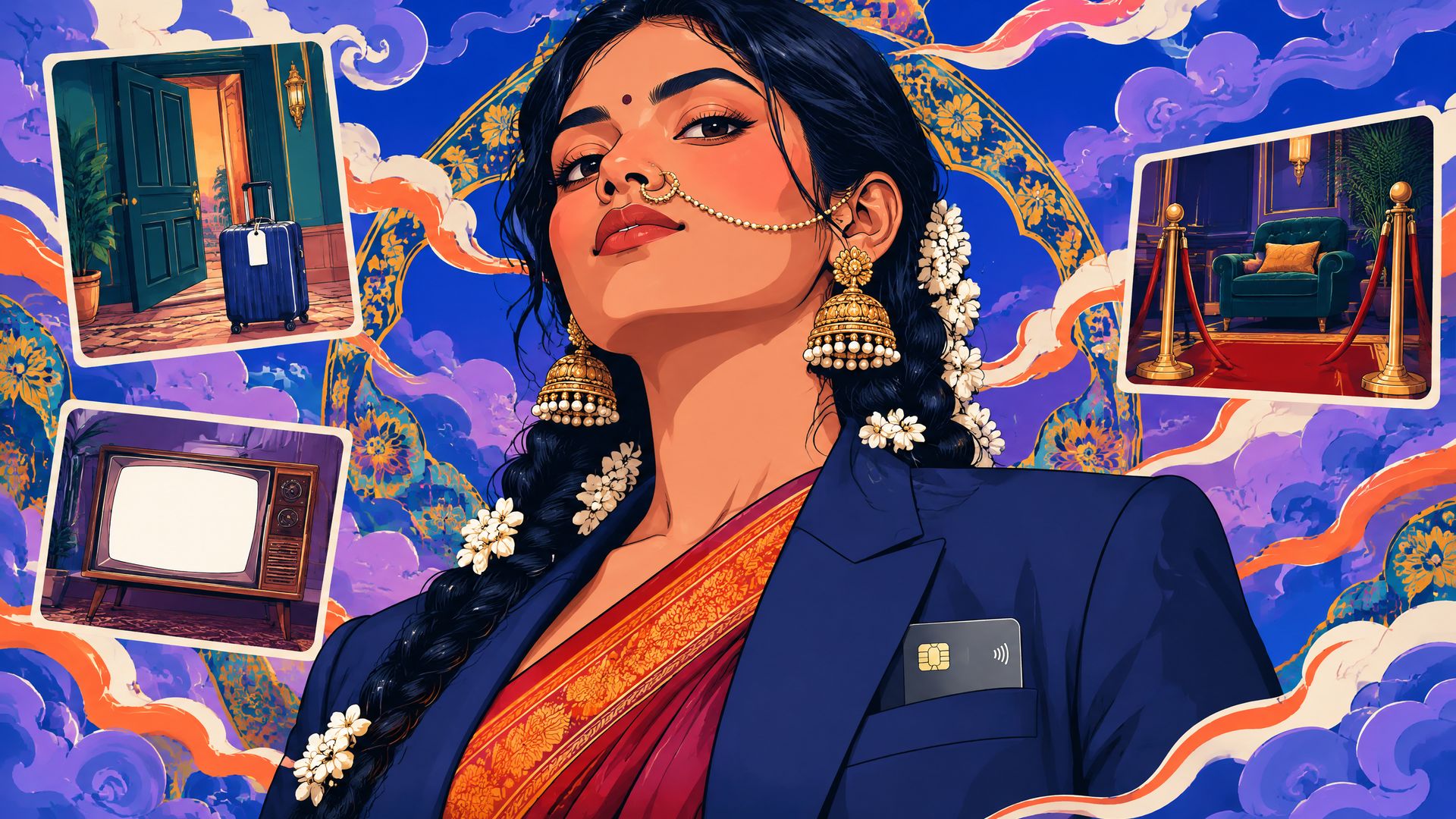 Pop-art portrait of a young Indian woman traveller in gold jewellery and a blazer, with inset frames of a suitcase at a door, a retro TV and a velvet rope.