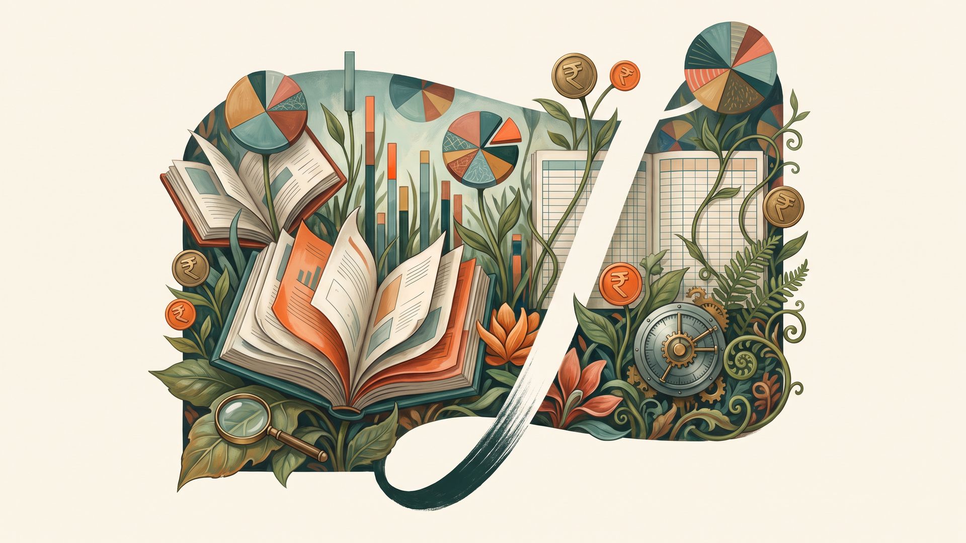 Botanical painting of open bank annual reports, ledger tables, pie-chart flowers and rupee coins revealed through a cream brush-swash cutout.