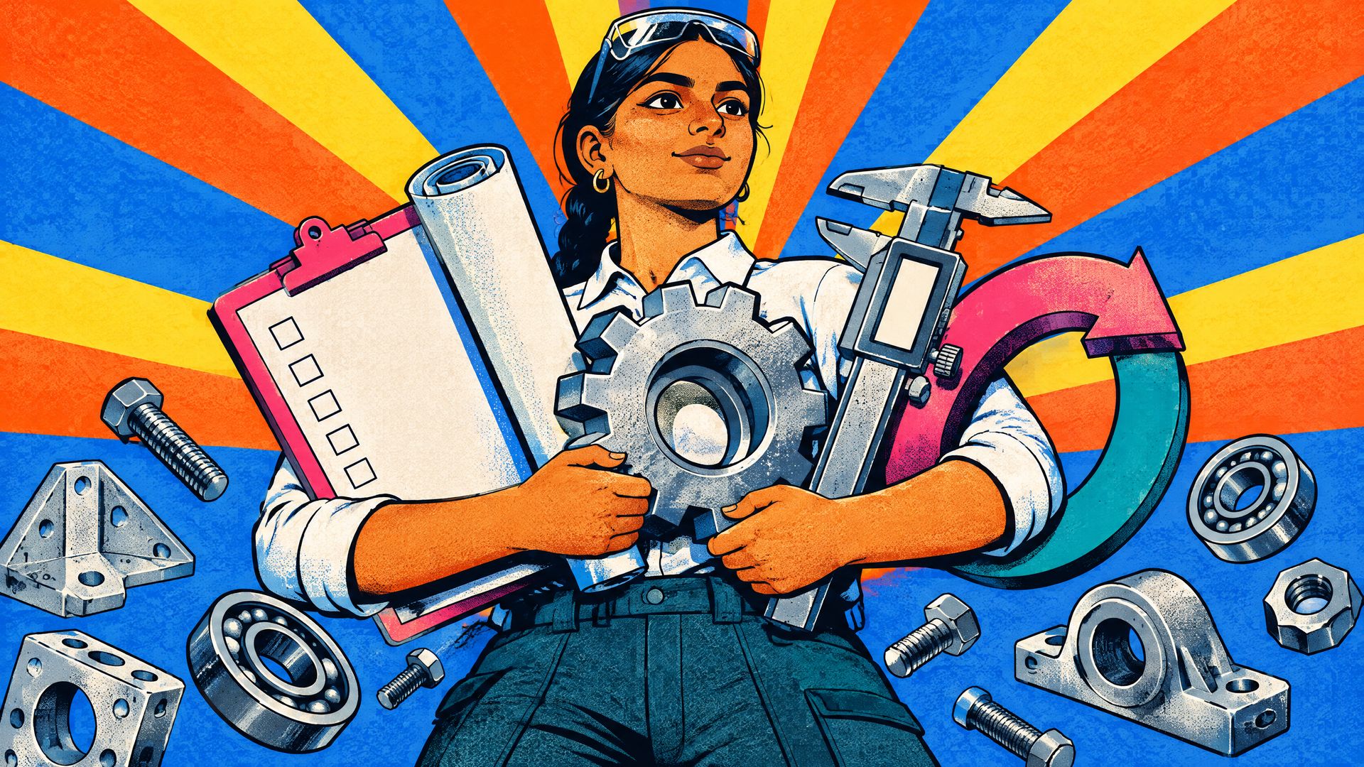 Illustration of a young Indian quality engineer hugging a giant clipboard, blueprint, gear, caliper and loop arrow under a sunburst.