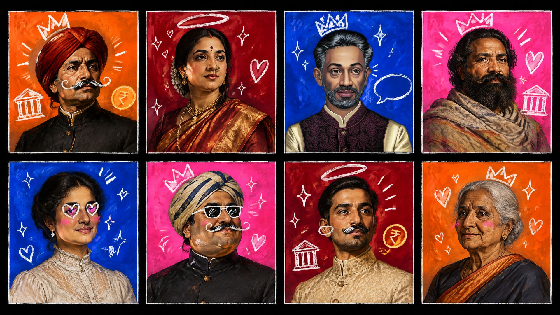 Eight classical oil portraits of invented Indian bankers on orange, red, blue and pink panels, doodled with chalk crowns, sunglasses and hearts.