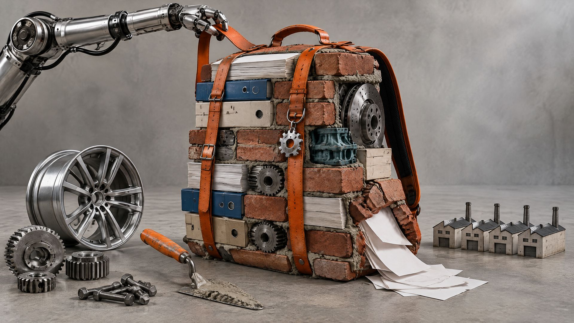 A backpack built from bricks, blank binders, gears and a brake disc stands on concrete as a robot arm lifts its strap beside four tiny factories.