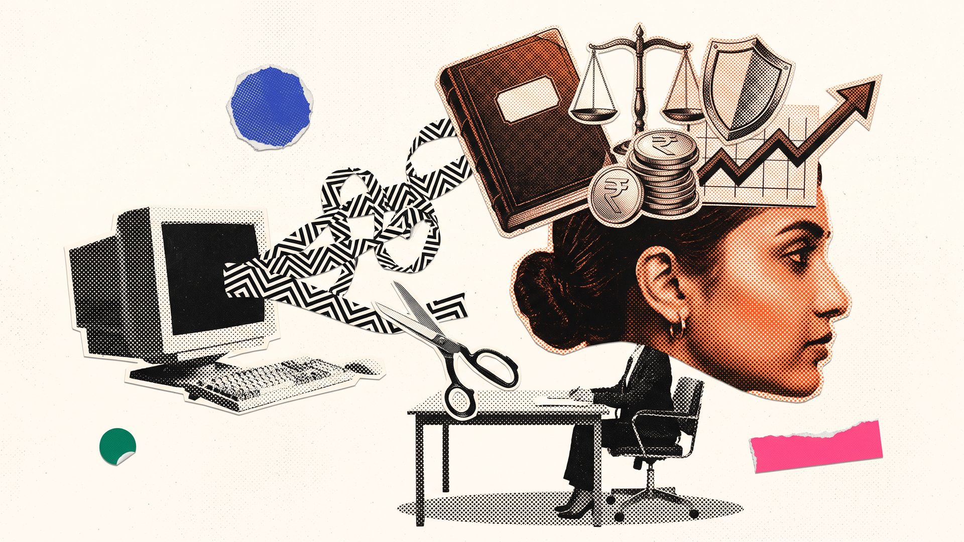 Halftone collage of a tiny suited Indian woman CFO with a giant orange-tinted head of finance objects, ignoring tangled squiggles from a retro monitor.
