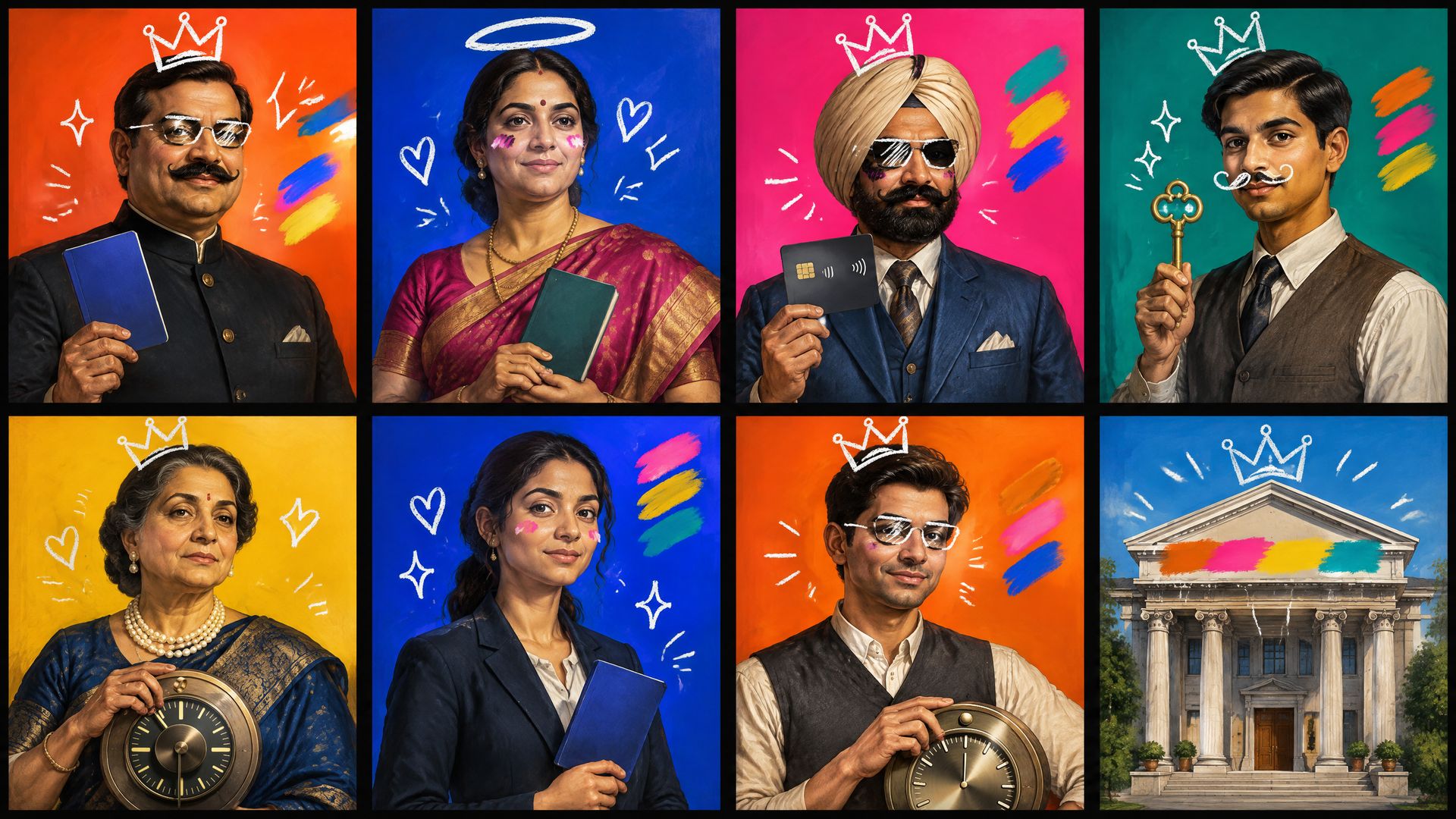 Grid of classical oil portraits of Indian bankers doodled with chalk crowns and sunglasses, each holding an untouched passbook, card or key.