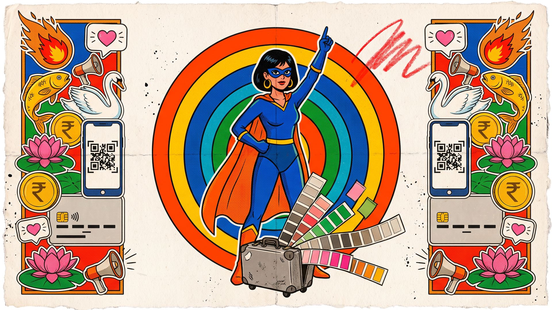 Matchbox-label collage: an Indian superhero brand strategist points skyward on target rings as a grey suitcase spills vivid colour swatches, flanked by golden fish, lotuses and rupee coins.