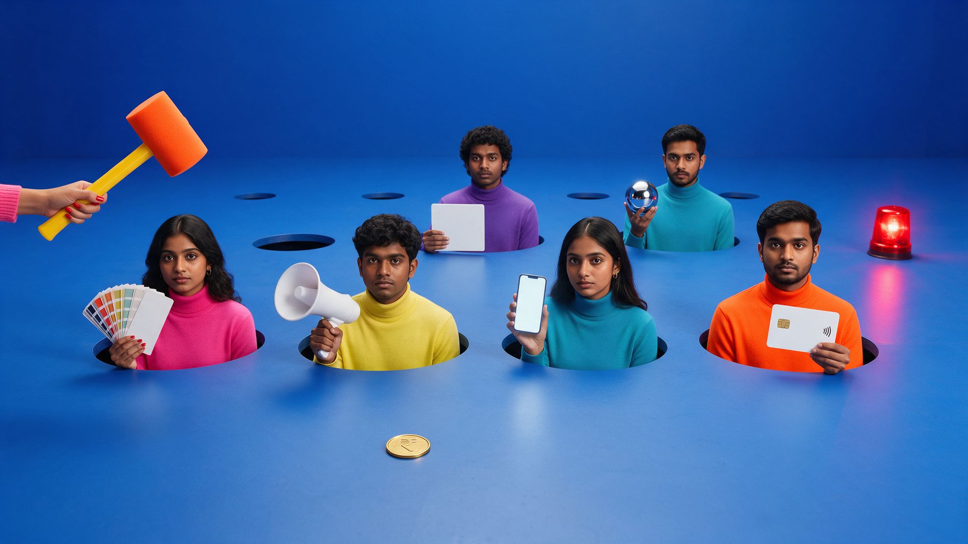 Studio photo of deadpan young Indian creatives popping out of holes in a blue set with branding props as a hand hovers an orange foam mallet.
