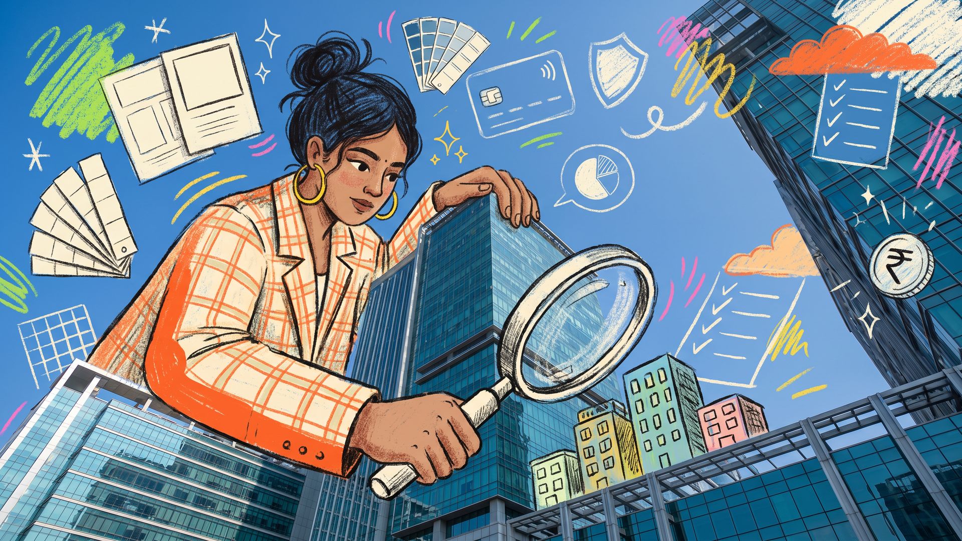 A giant sketched Indian bank brand manager leans on a Gurugram glass tower, inspecting tiny design studios through a magnifying glass.