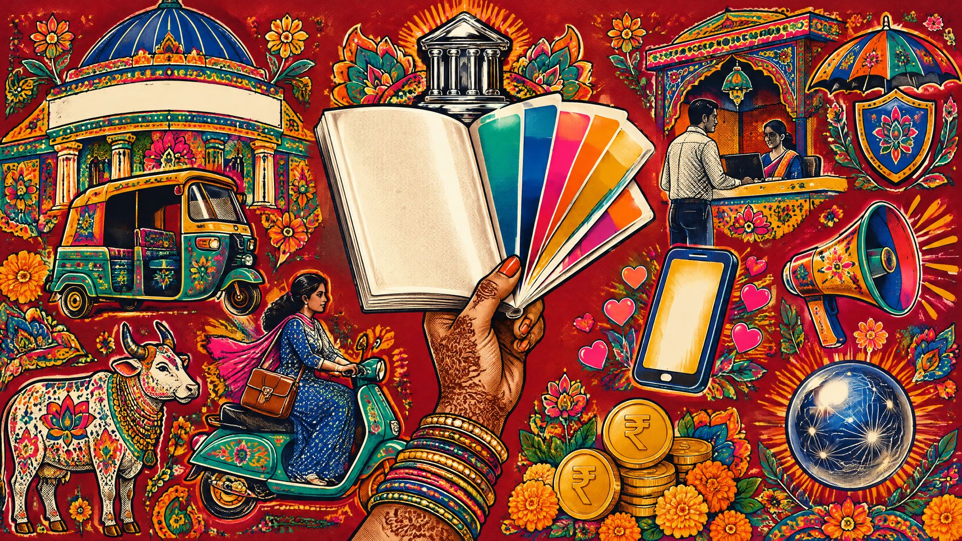 Hennaed hand holding a brand book fanned into colour swatches before a crimson truck-art collage of a bank dome, rupee coins, an insurance umbrella and a field agent.