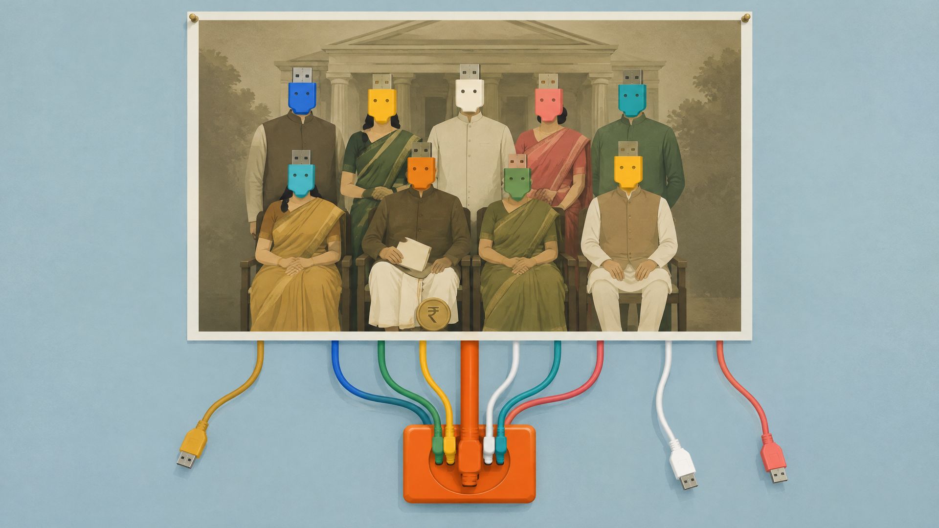 Flat illustration of a vintage family portrait with plug heads, seven cables running to one orange master socket and three hanging unplugged.