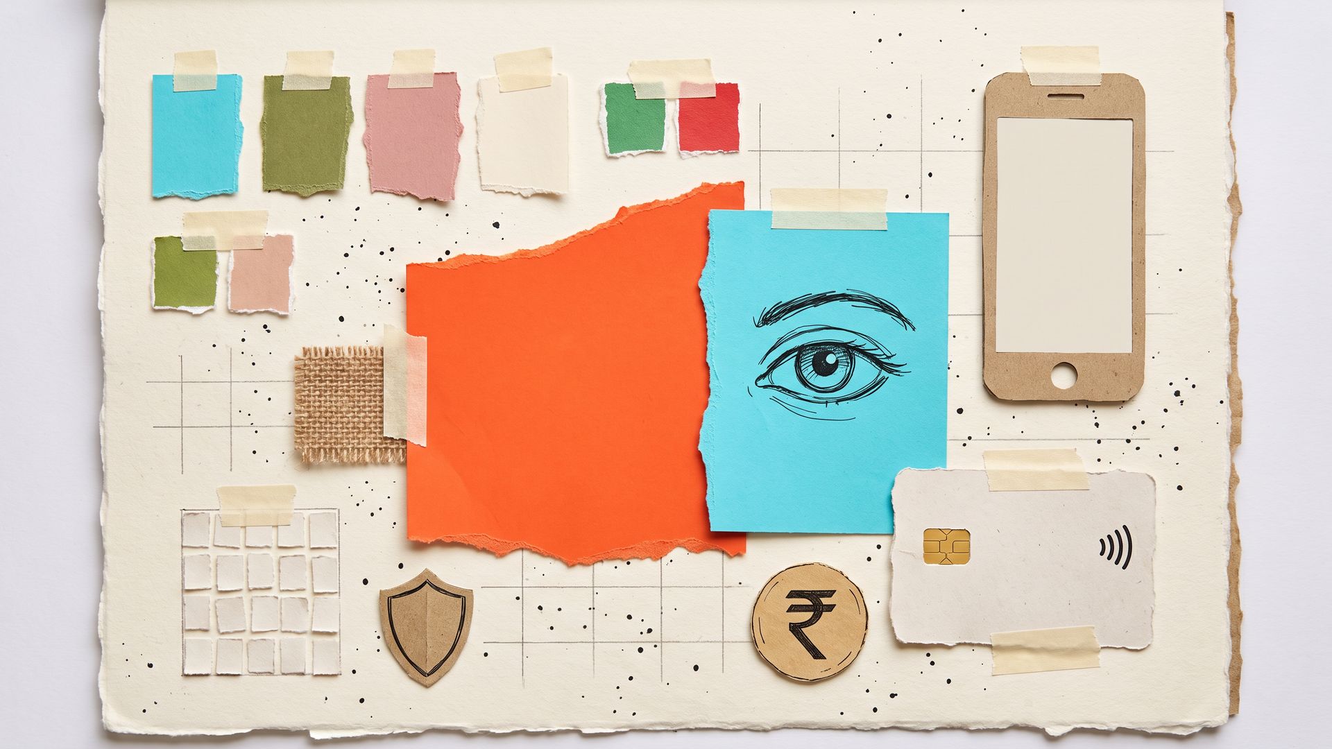 Torn-paper brand board on cream paper: colour swatches, a layout grid, a sketched eye, a paper phone, a payment card, a shield and a rupee coin.