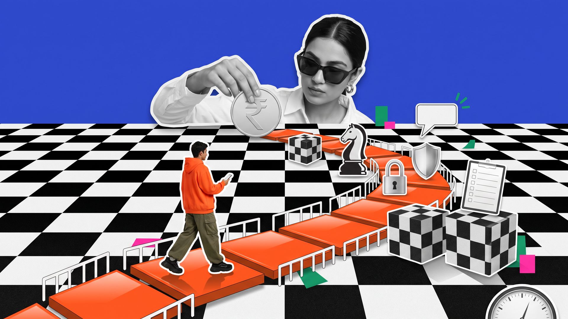 Photo collage of a tiny founder walking six orange tiles across a giant checkerboard while a huge woman in sunglasses places a rupee coin.