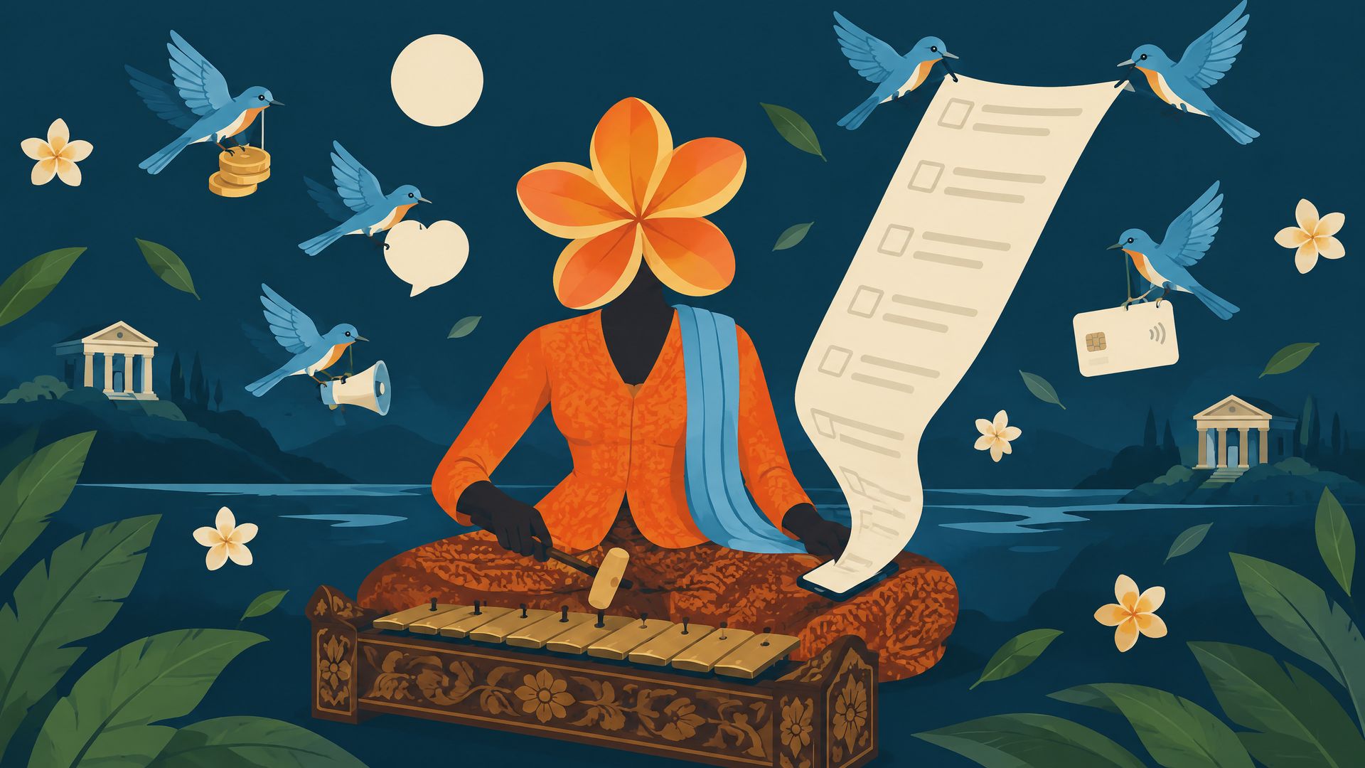 Folk-poster illustration of a frangipani-headed Indonesian woman playing a gamelan as songbirds lift a blank product-summary scroll from her phone at night.