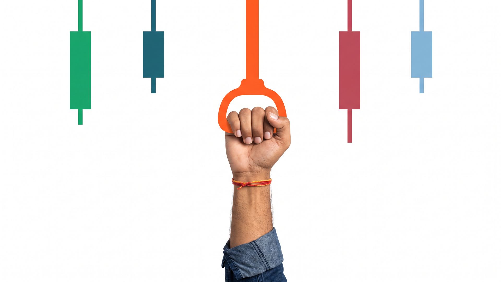 A young man's hand grips a flat orange candlestick-shaped strap hanging among green, teal and red candlestick straps on white.