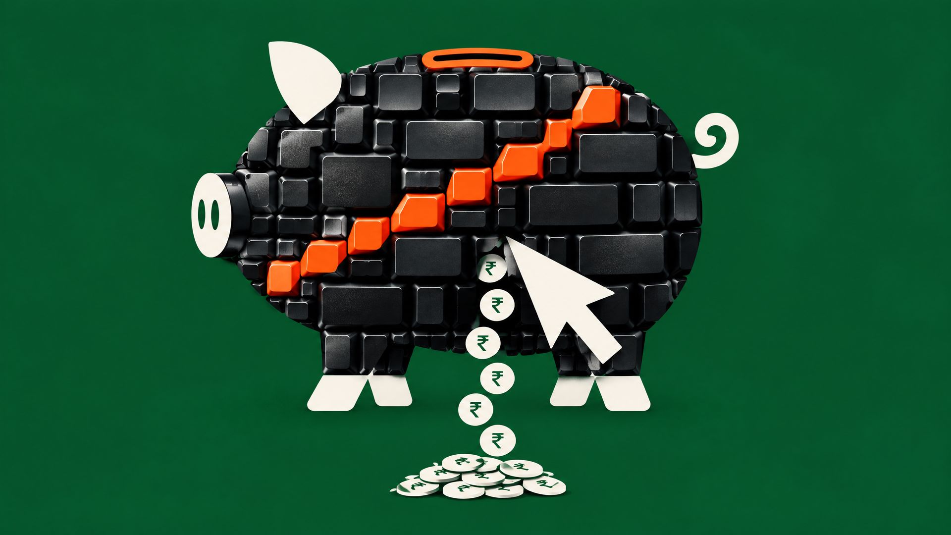 A piggy bank made of blank black keyboard keys on a green field, a white click cursor prying at it as white rupee coins spill out.