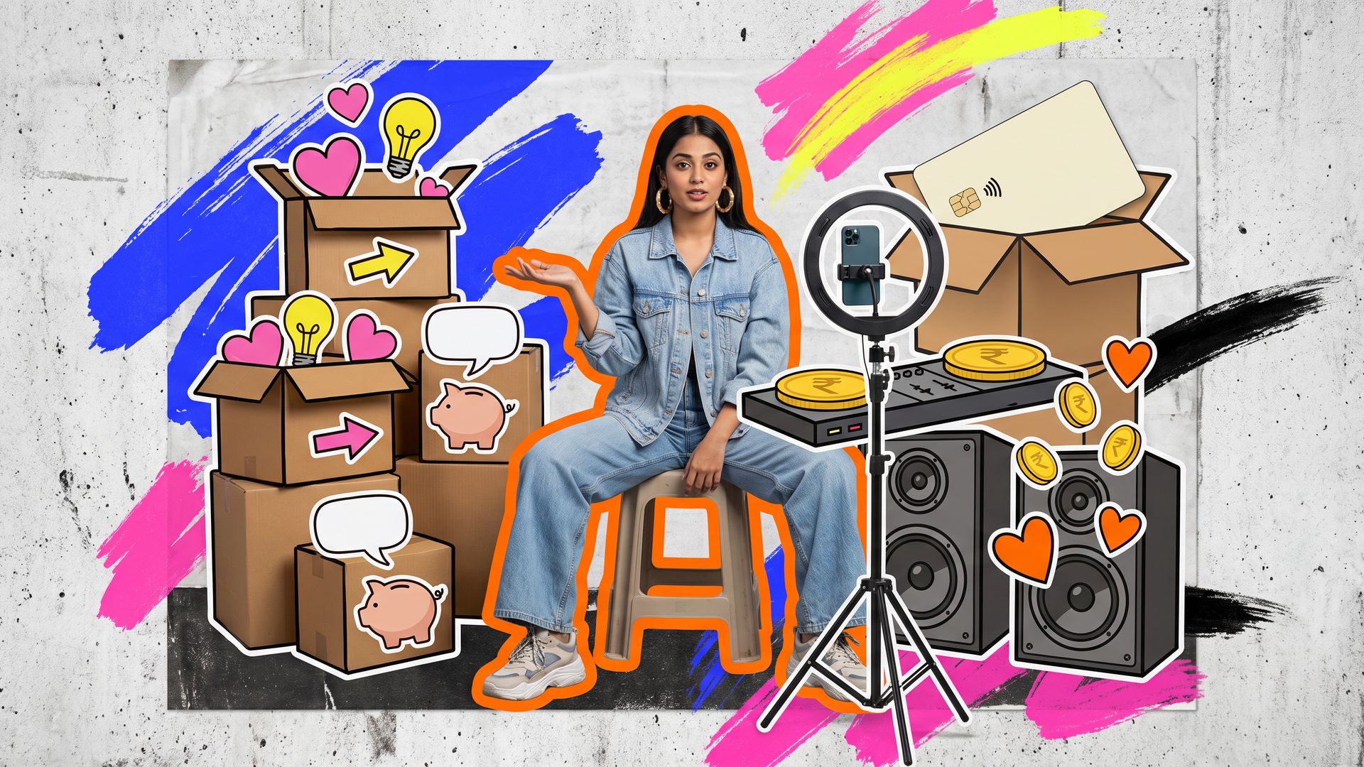 Collage of a young Indian creator in oversized denim on a stool, filming a money lesson beside a DJ deck with gold coin records and boxes of piggy banks.