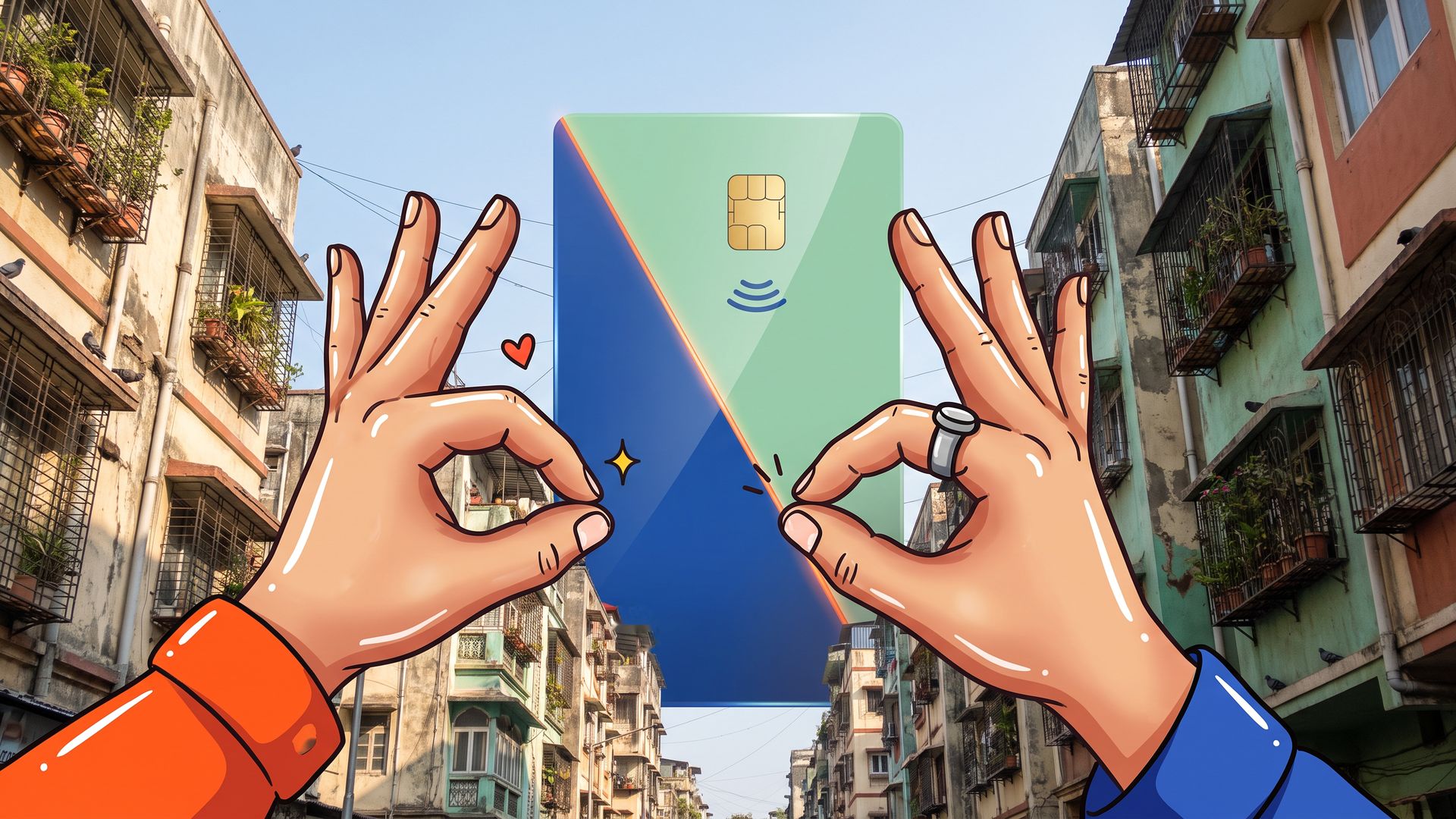 Two glossy drawn hands, one in an orange sleeve and one in a cobalt sleeve, make OK-pinch gestures on either side of a giant blank cobalt-and-mint credit card rising like a tower over a Mumbai street.
