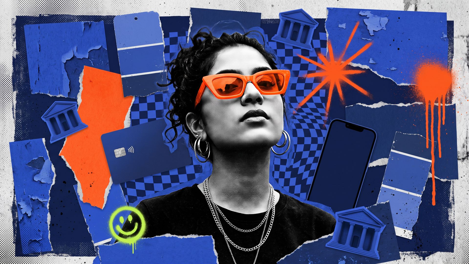 Collage of a young Indian woman in orange sunglasses among torn blue paper, blue swatches, a blue card and bank icons, with one orange scrap breaking the blue.