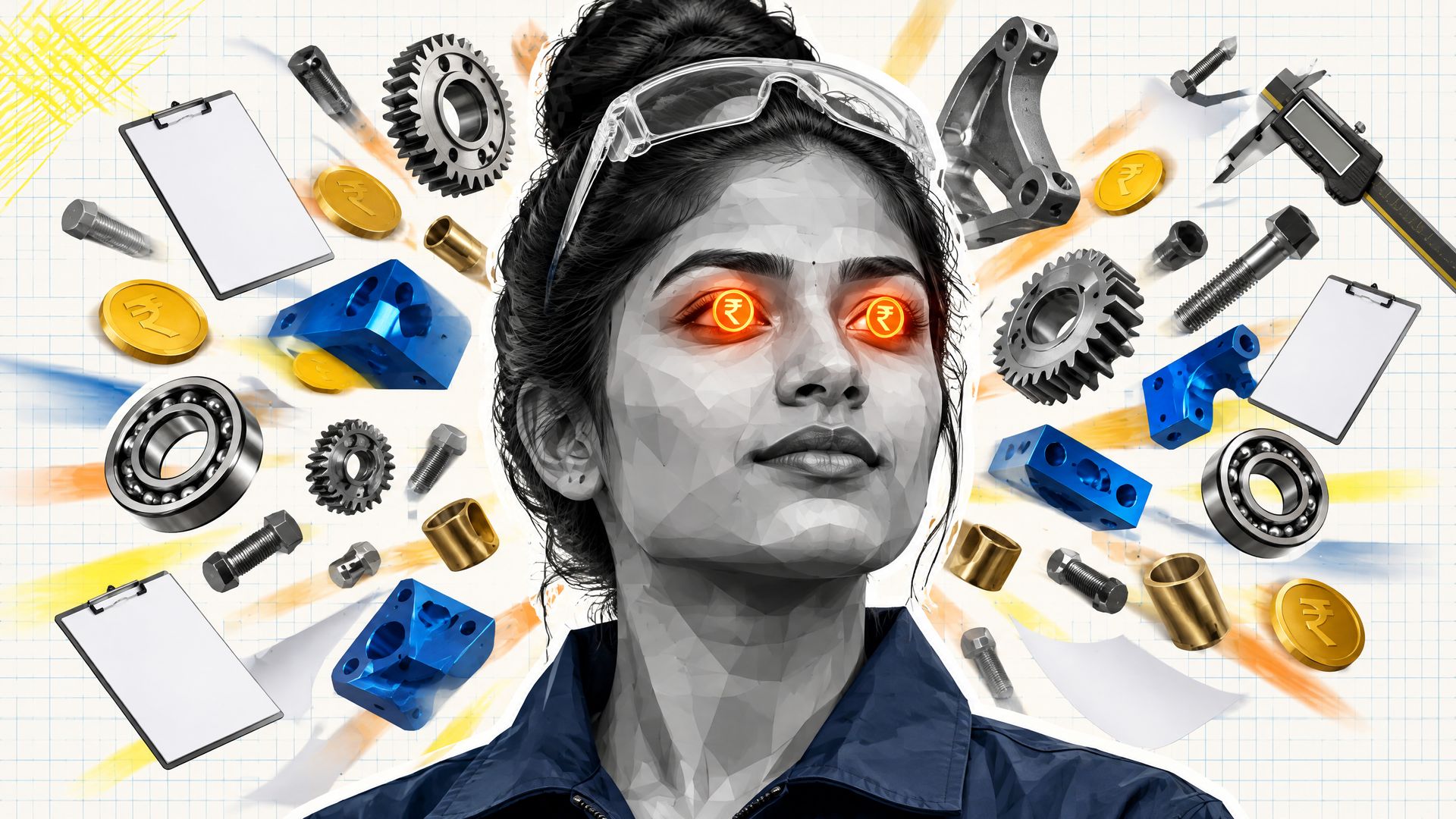 Low-poly greyscale portrait of an Indian cost engineer with glowing orange rupee-coin eyes and machined gears, brackets and a caliper flying behind her.