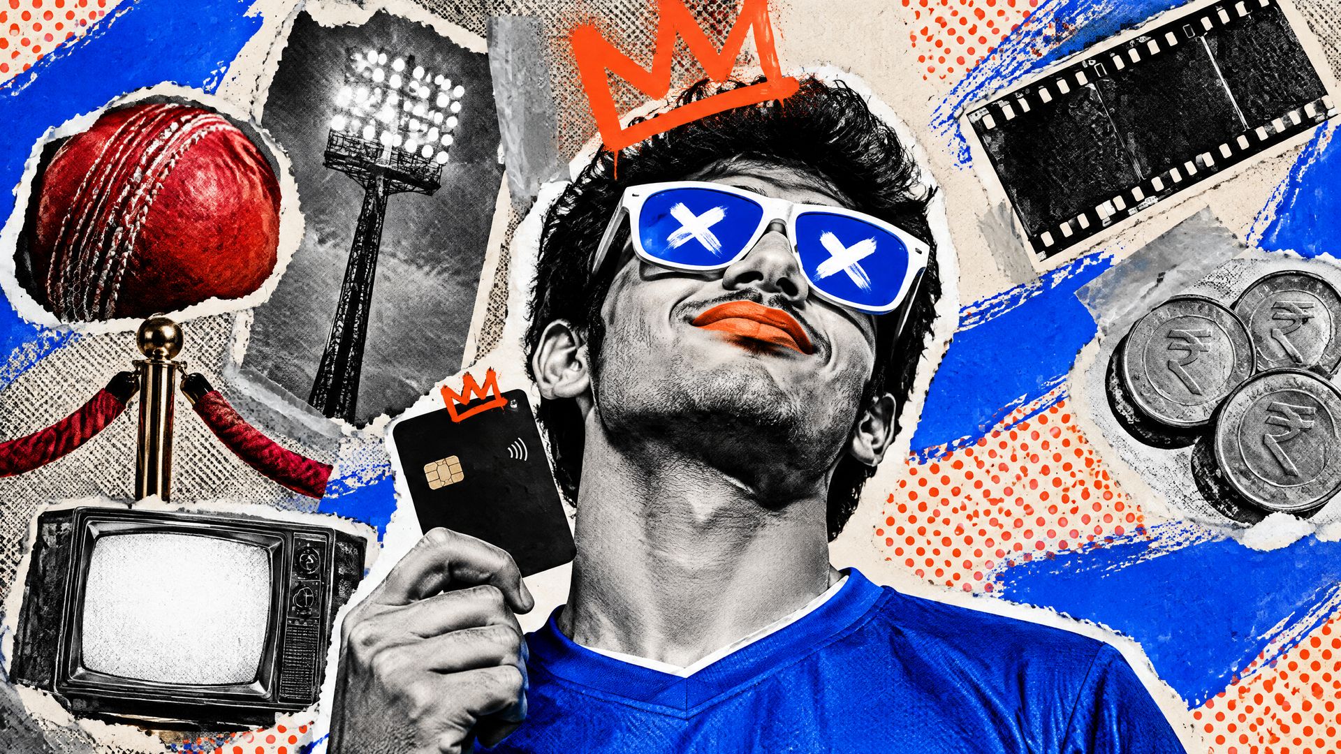Punk photo collage of a smirking cricket fan in crossed-out sunglasses and a painted crown, holding a black metal card beside a cricket ball, velvet rope and retro TV.