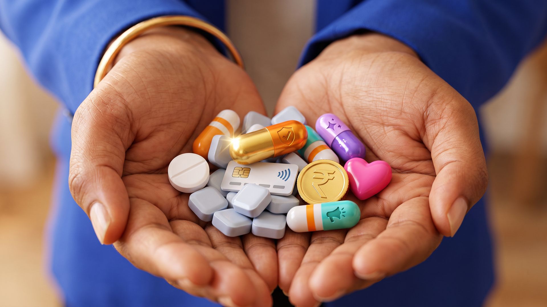 Cupped hands holding glossy pills for freelancer, subscription and agency design options, with one gold capsule marked by a shield standing out.