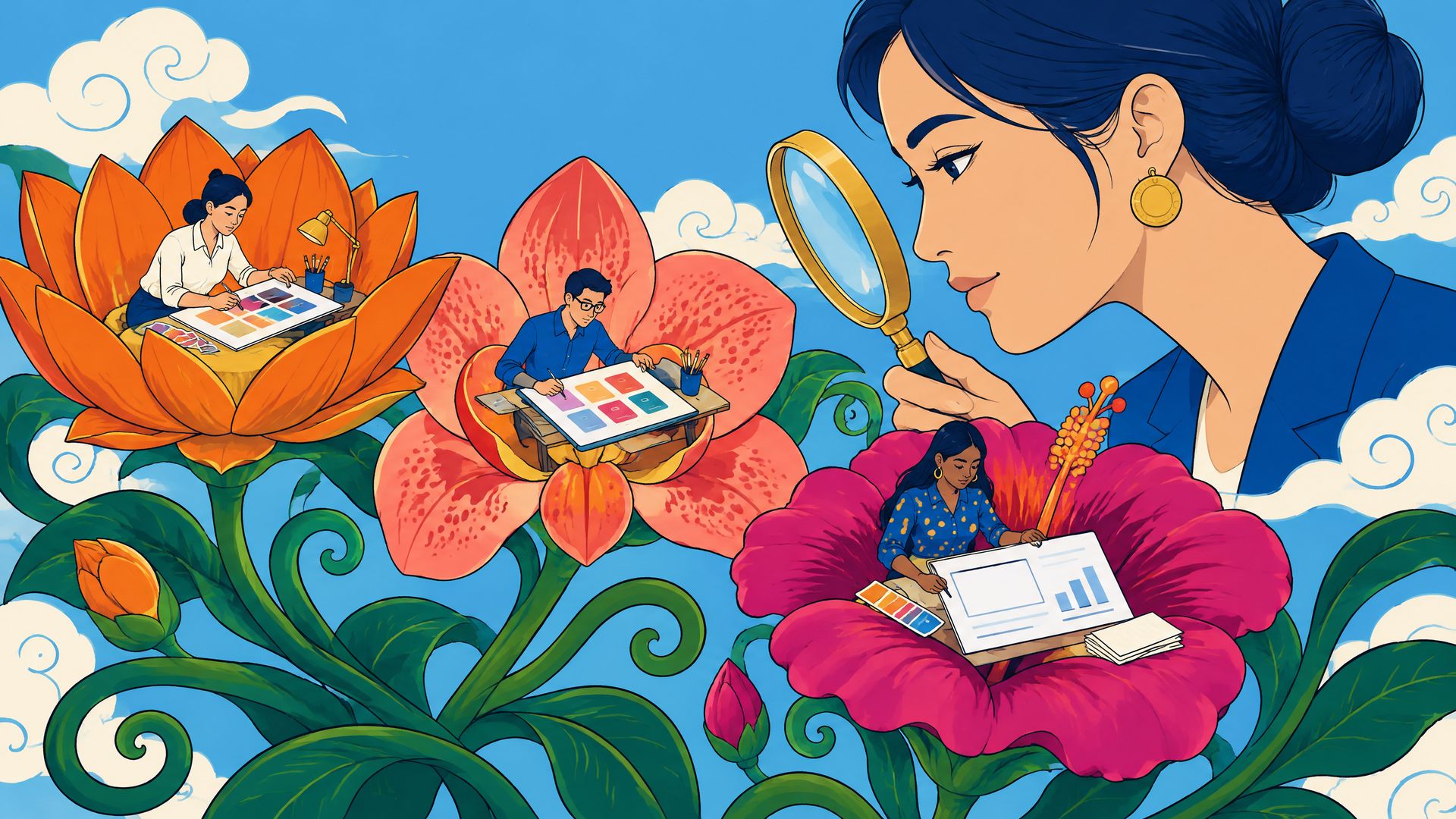 A giant marketing head inspects three tiny designers working inside orange, coral and magenta flowers through a magnifying glass.