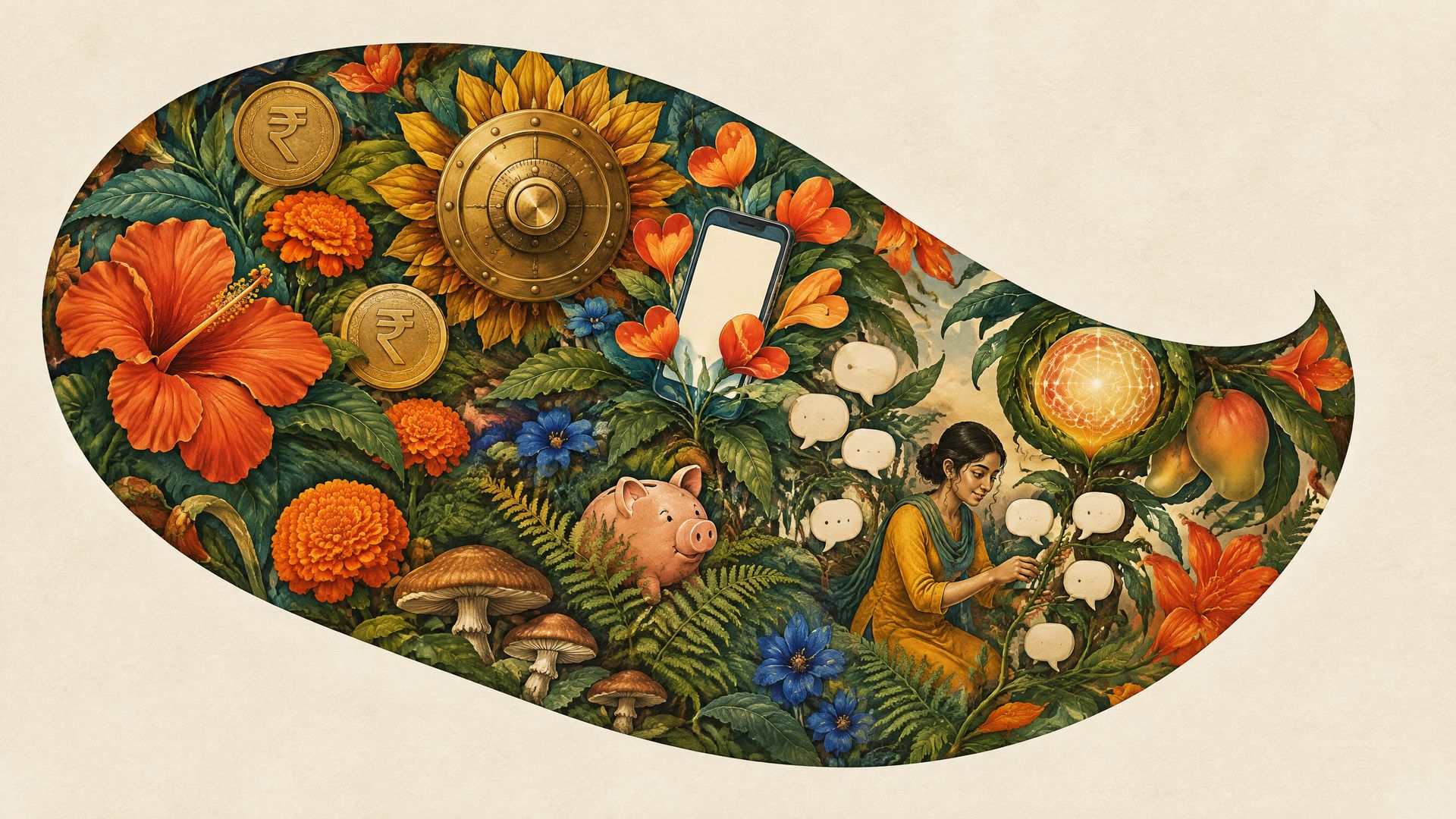 A cream paper page with one large paisley-shaped cutout reveals a painted garden of coins, phones, blooms and a piggy bank, showing a bank logo as a window onto its brand.