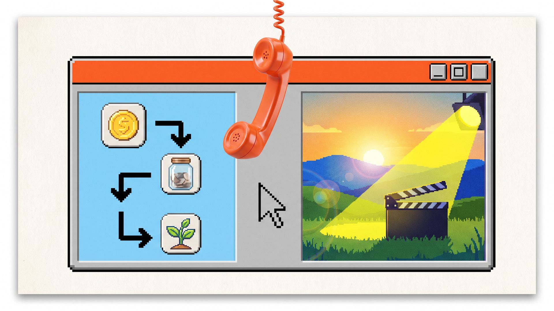 A glossy orange telephone handset dangles into a retro desktop window split between a simple step diagram and a cinematic sunset over a green hill.