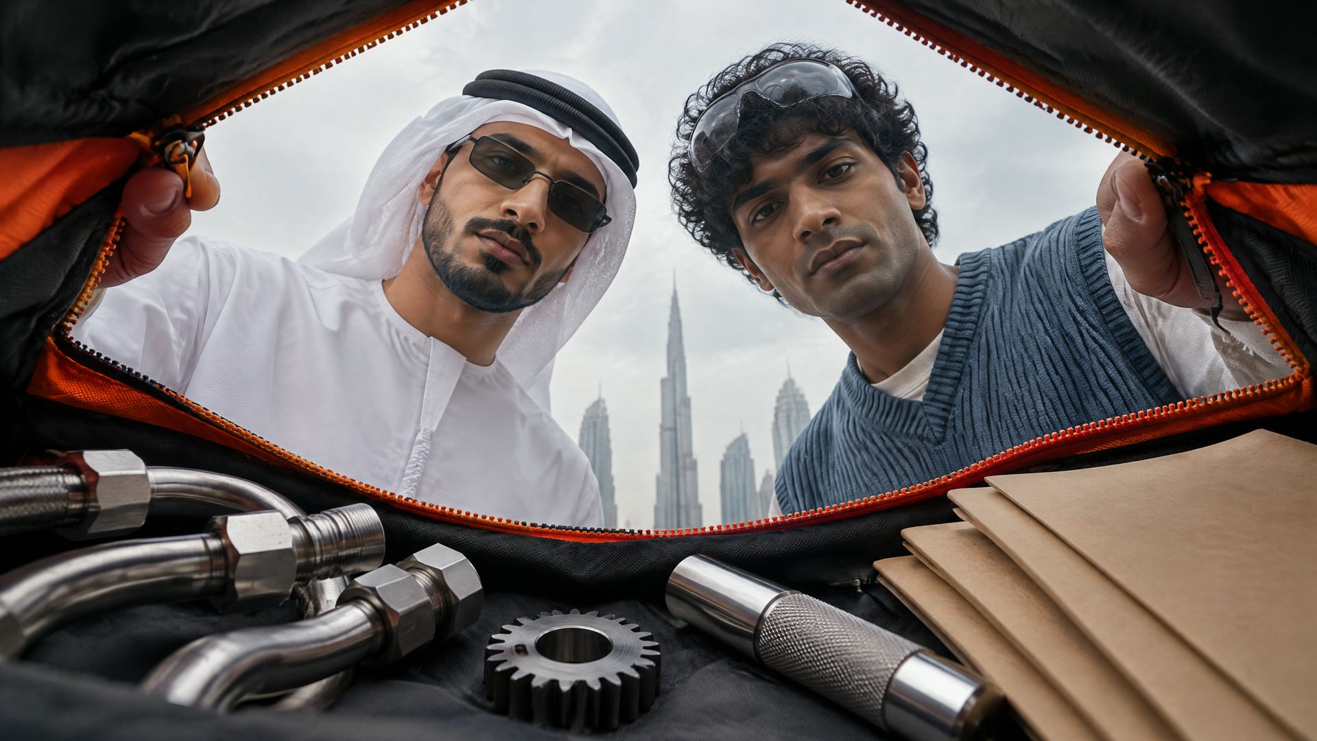 Two young UAE buyers unzip a sample bag and look down at machined brake fittings, a gear, a plug gauge and sealed document folders.