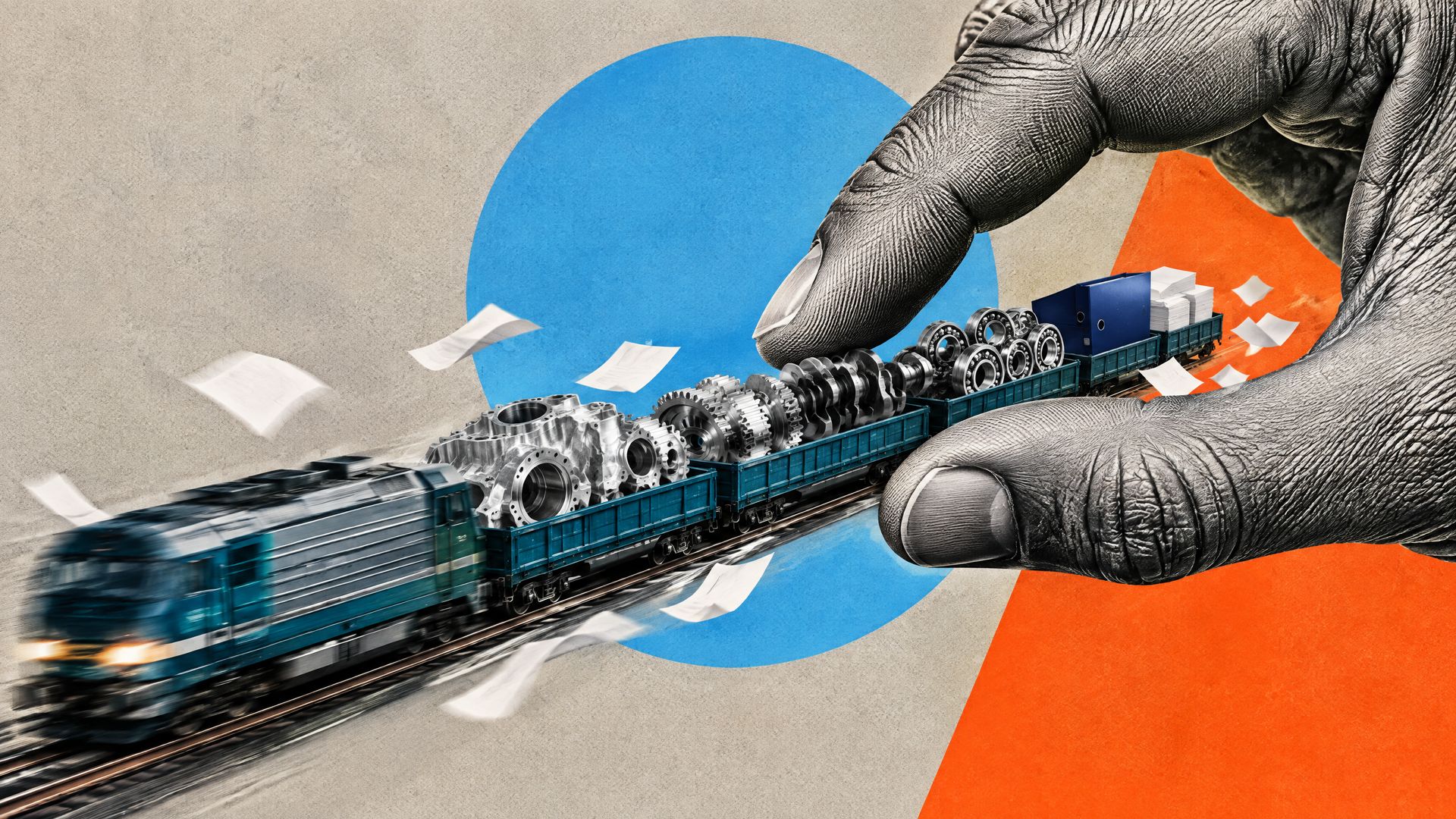A huge grey engraved hand pinches a blurred freight train carrying machined auto parts and a binder toward a sky-blue circle on grainy orange.