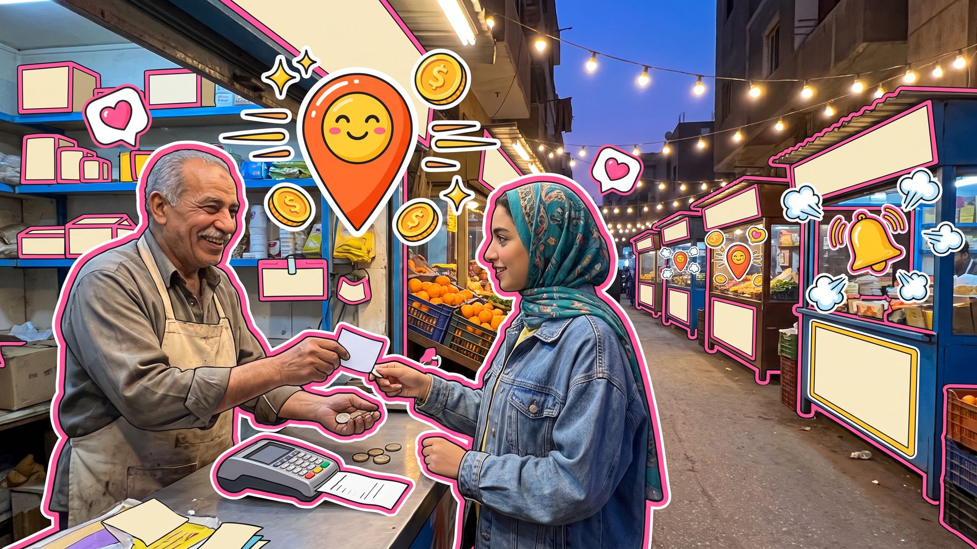 A Cairo shopkeeper takes a bill payment at his kiosk while cartoon orange map-pin stickers mark every shop counter down the dusk street behind him.